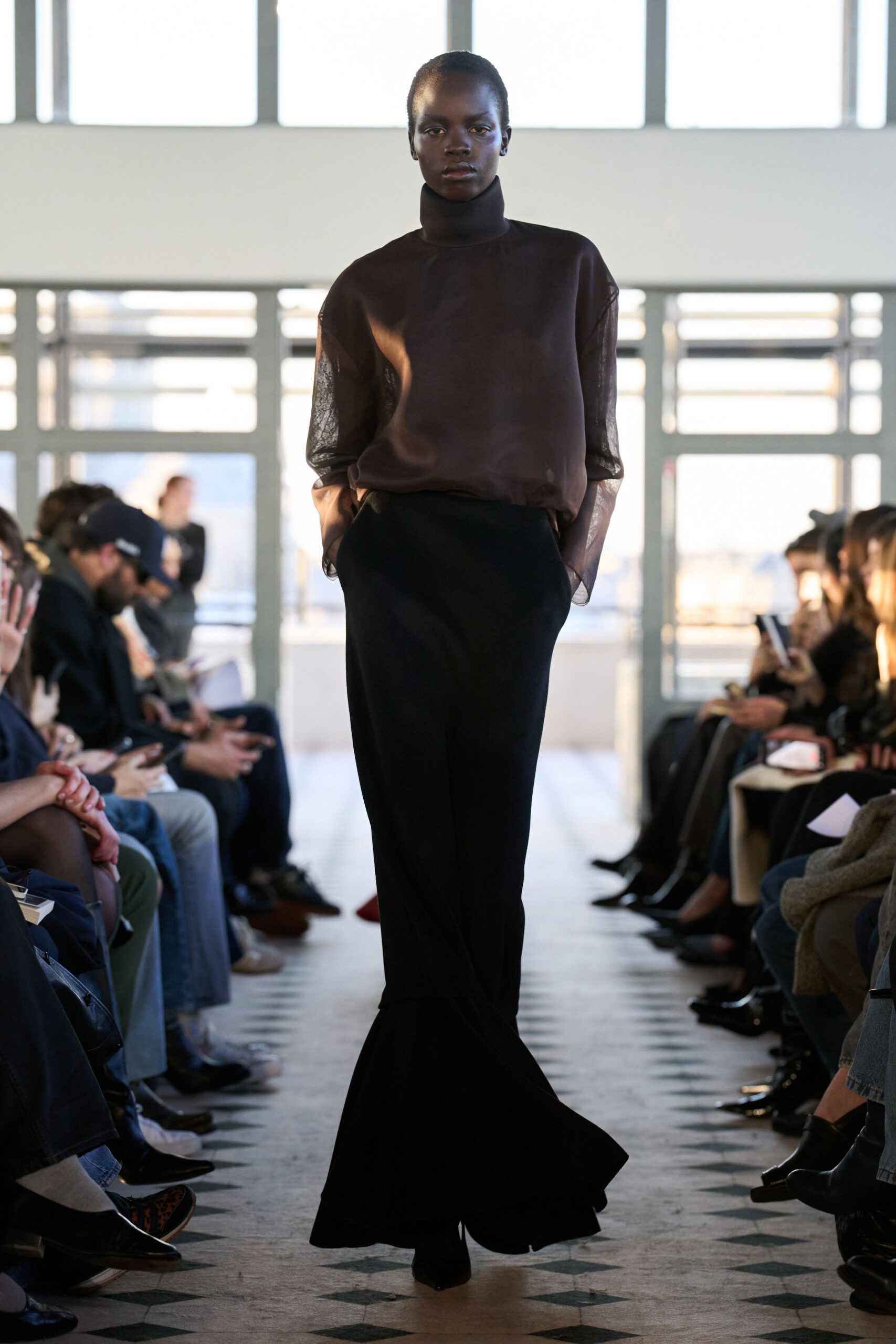 black wool long-sleeve fitted flared maxi skirt