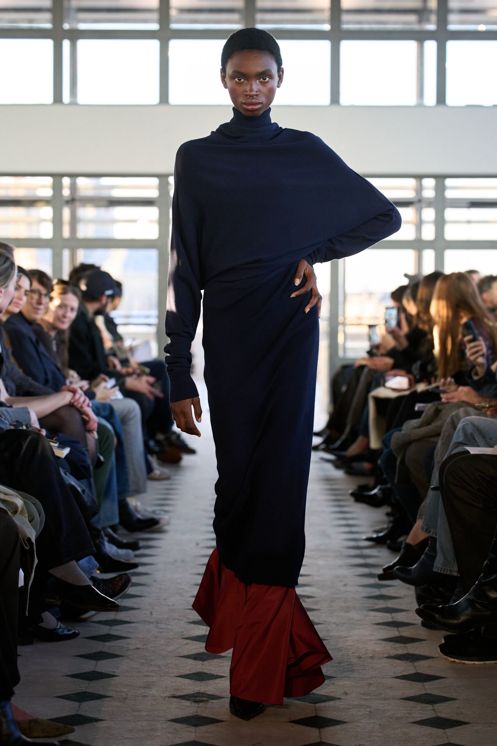 blue wool long-sleeve high-neck fitted draped tiered gown