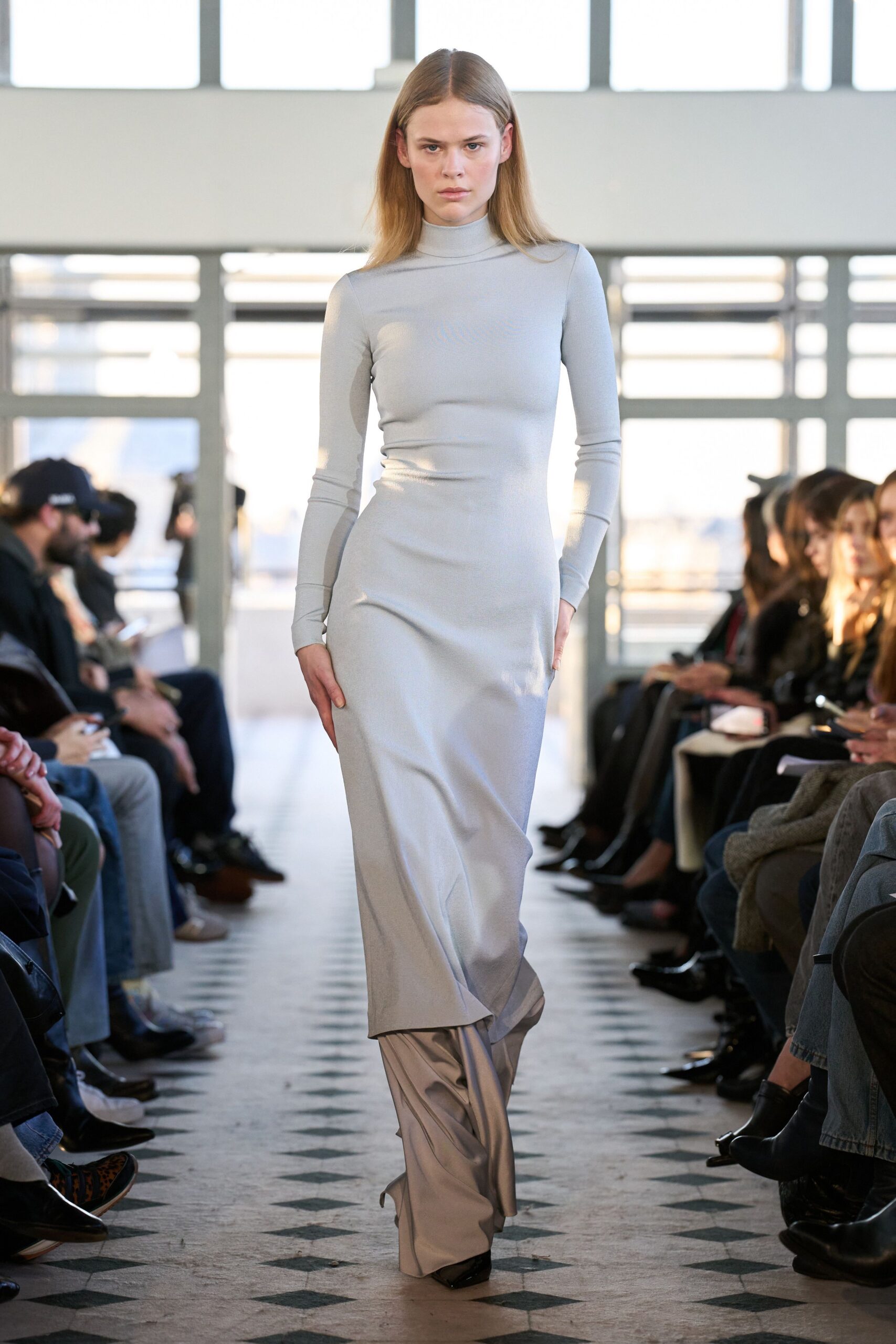 gray silk long-sleeve high-neck fitted straight-leg pockets gown