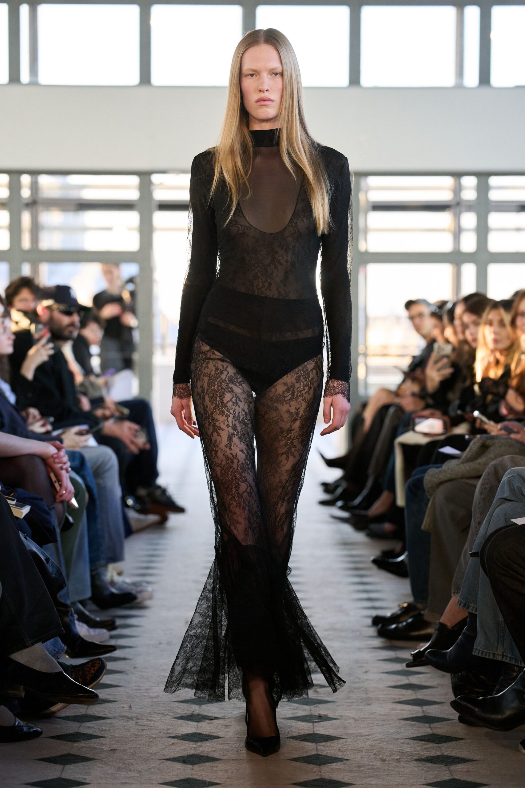 black lace long-sleeve v-neck fitted layered dress