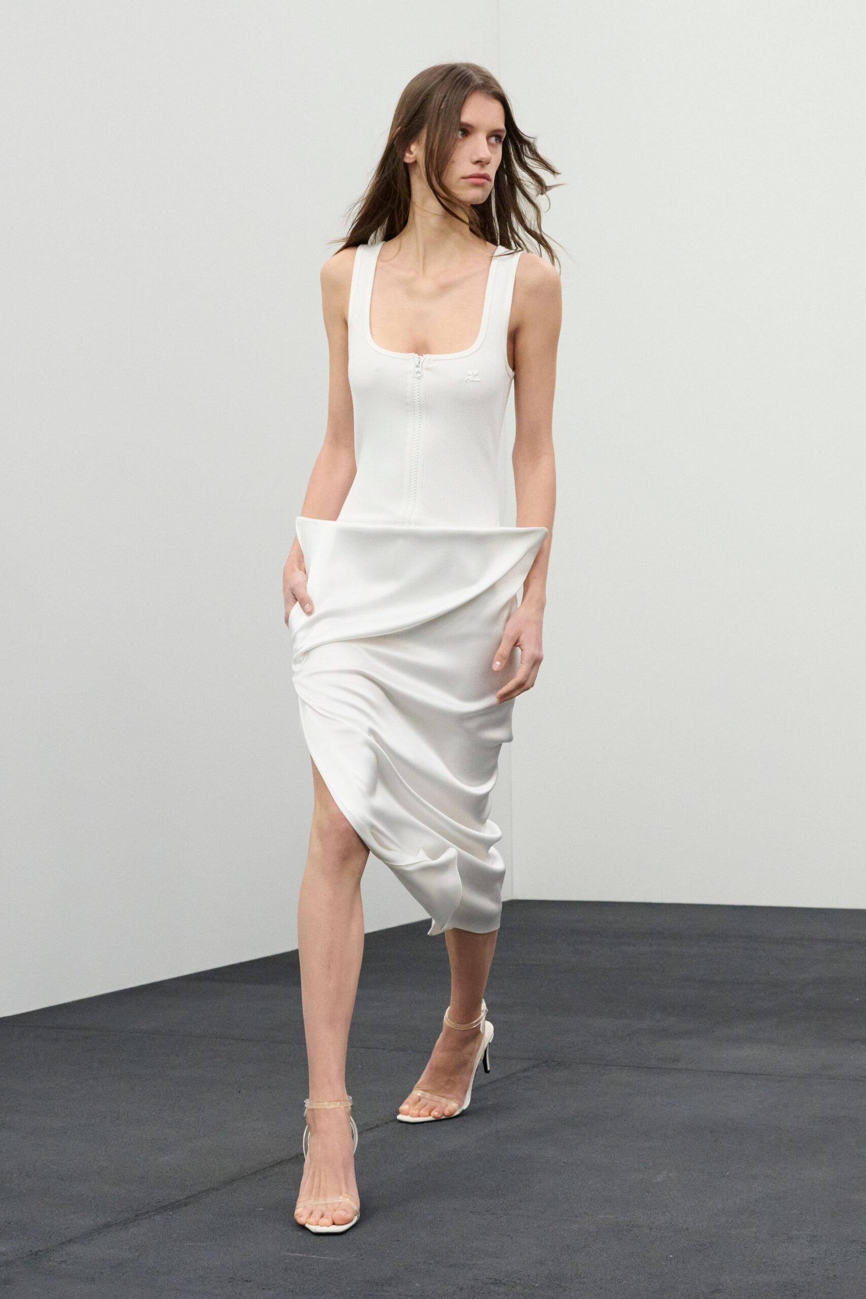 white silk sleeveless square-neck fitted draped flowing dress