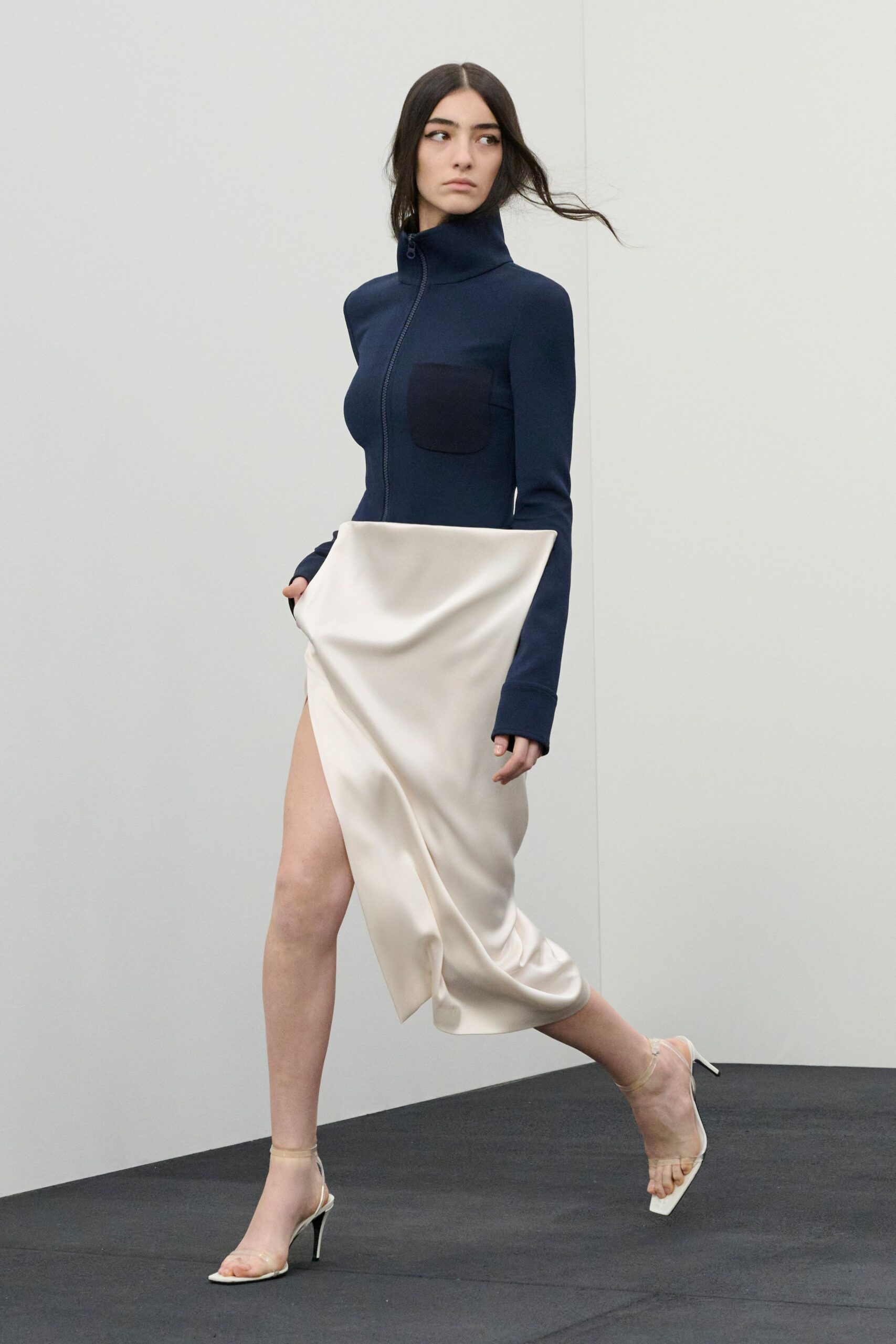 blue cotton long-sleeve high-neck fitted midi dress