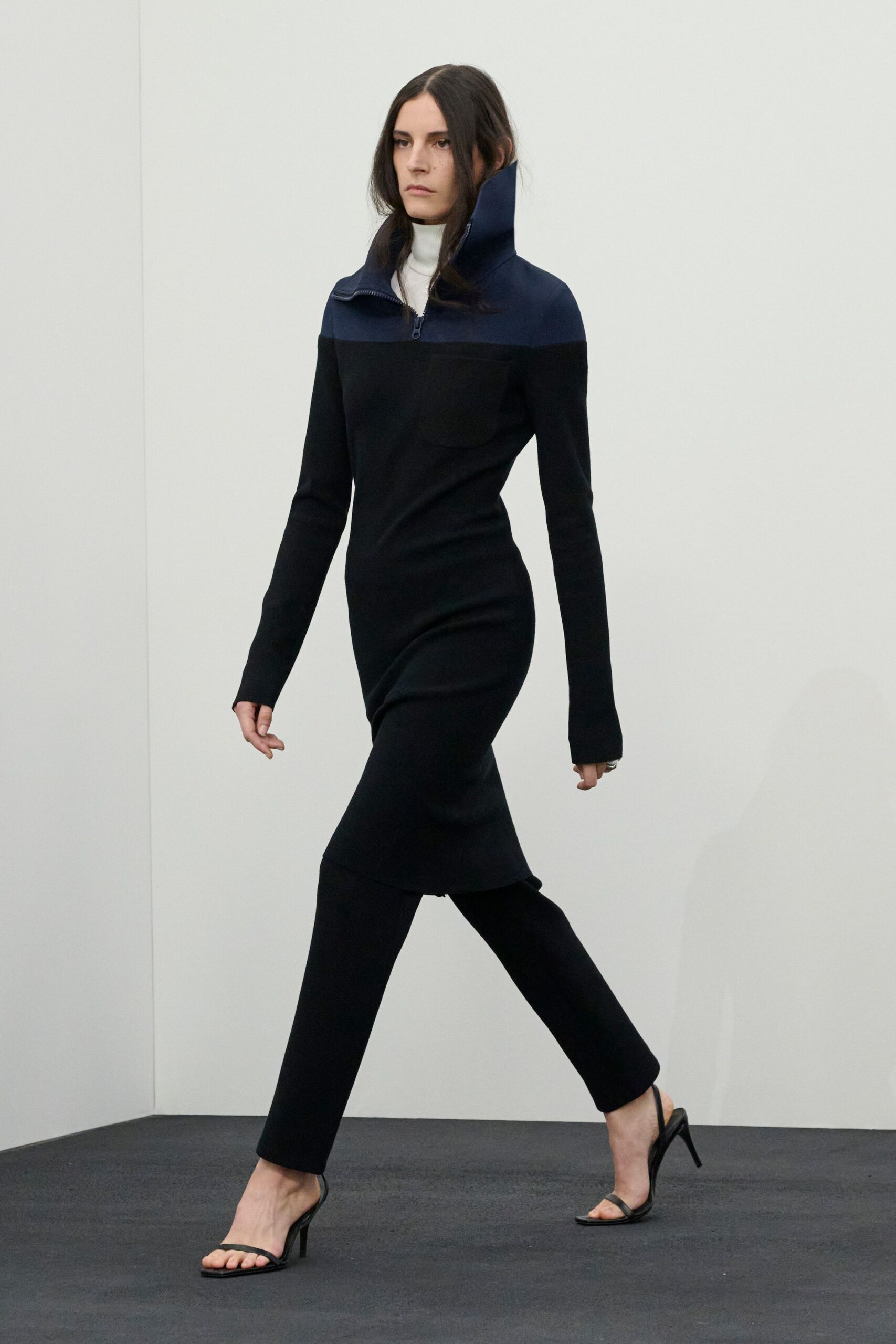 black cotton long-sleeve high-neck fitted zippered straight-leg dress