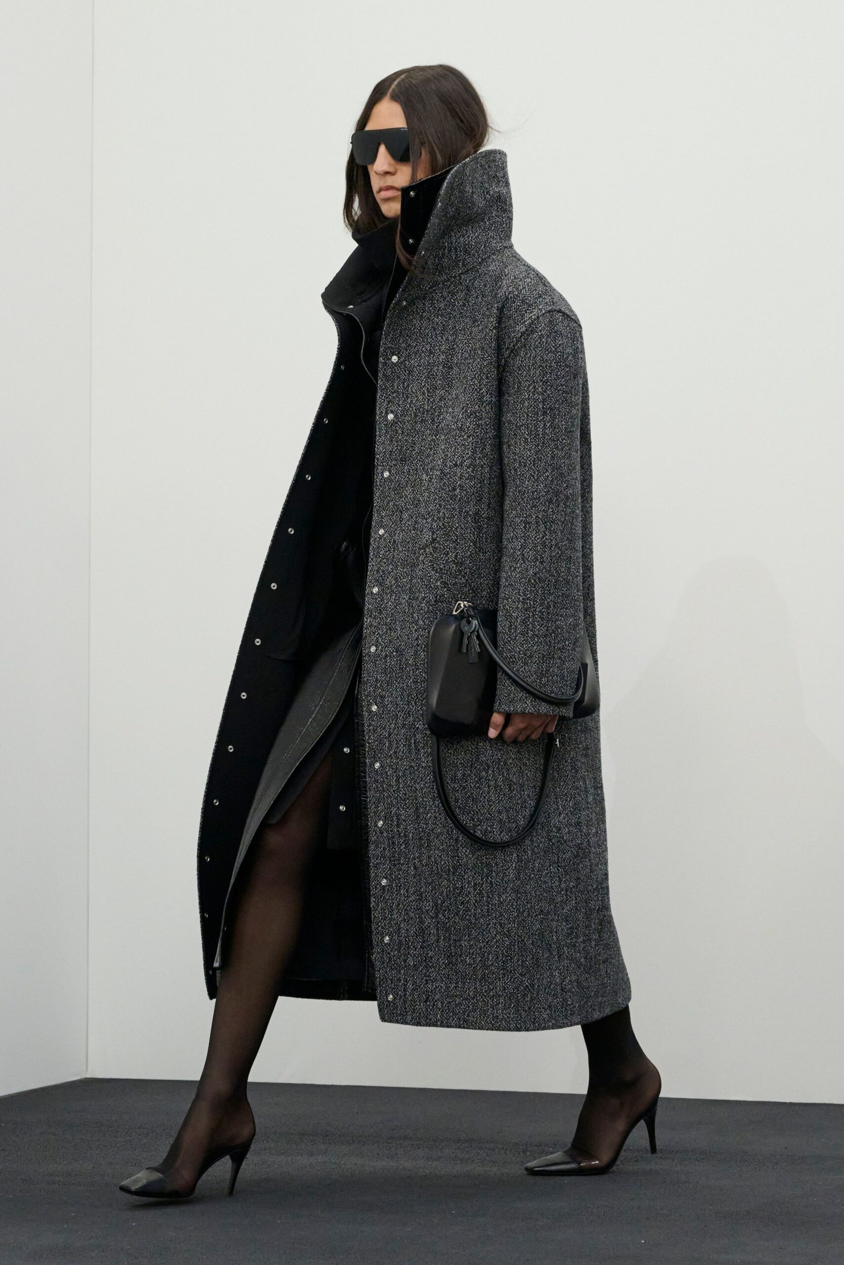 black wool long-sleeve collared relaxed buttoned maxi coat