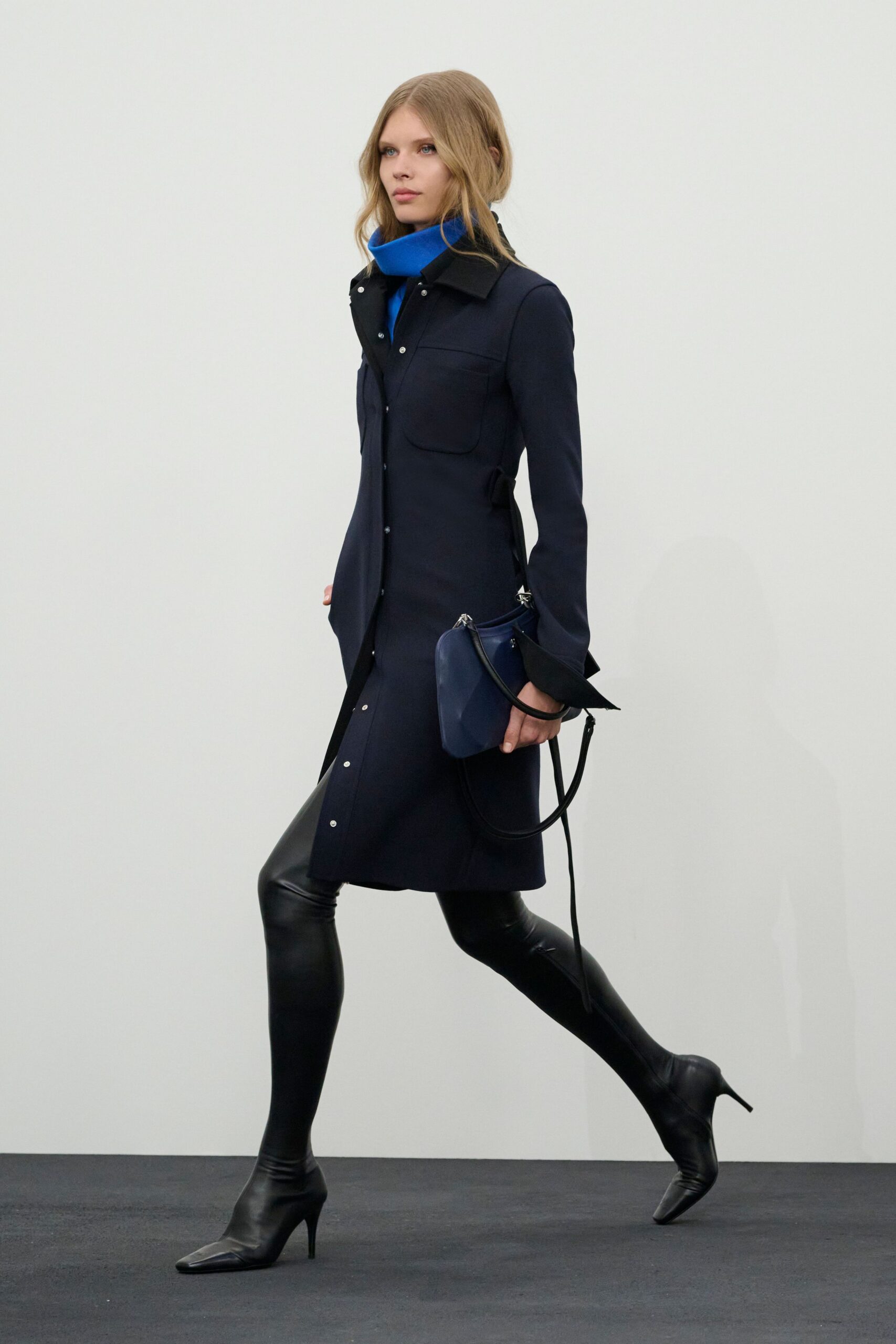 blue cotton long-sleeve collared fitted buttoned midi dress