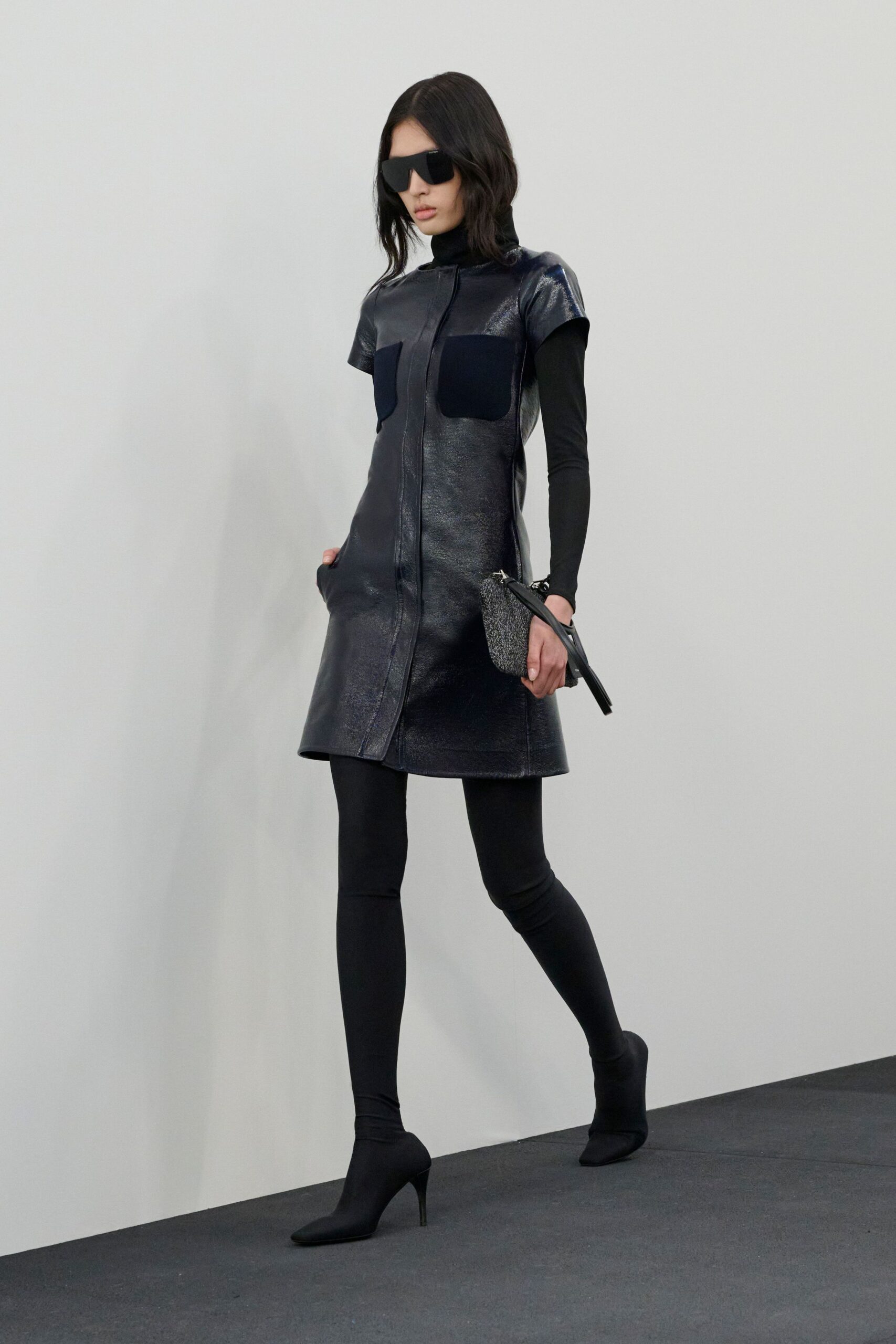 black leather short-sleeve collared fitted pockets mini dress