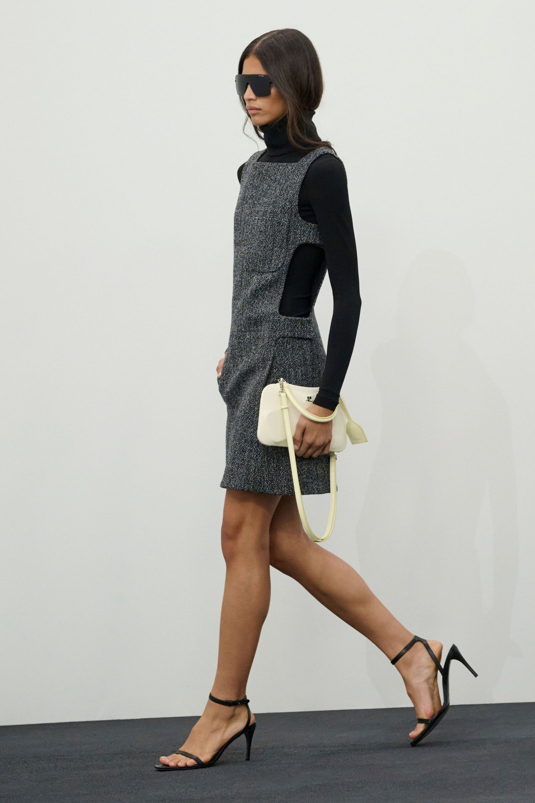 gray tweed sleeveless high-neck fitted pencil mini dress