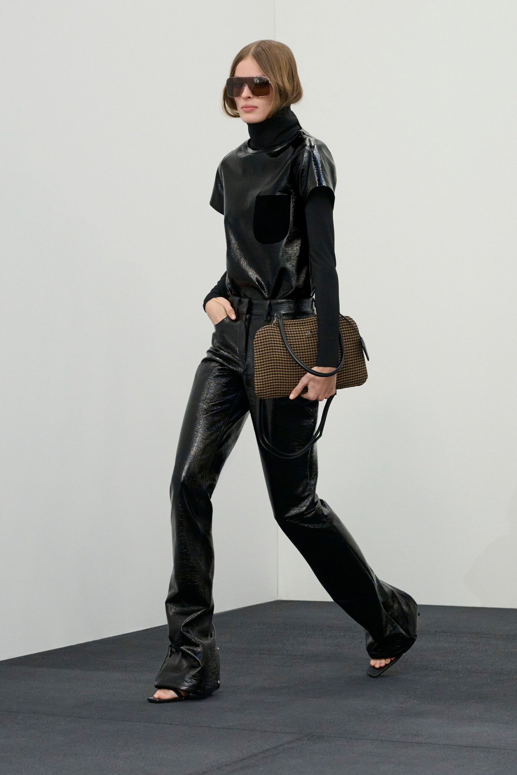 black leather short-sleeve high-neck fitted shiny top