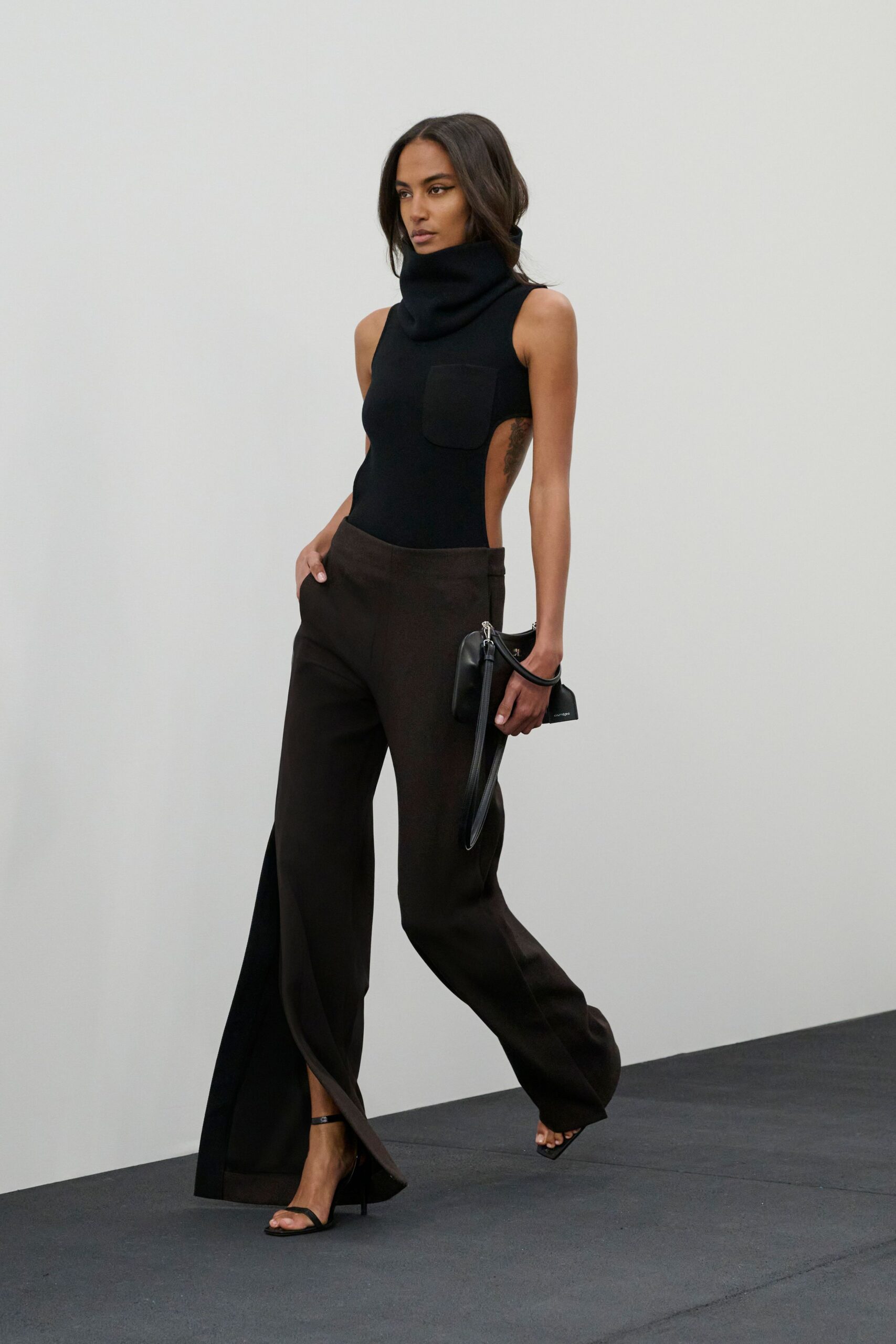 brown wool long-sleeve slit relaxed wide-leg pants
