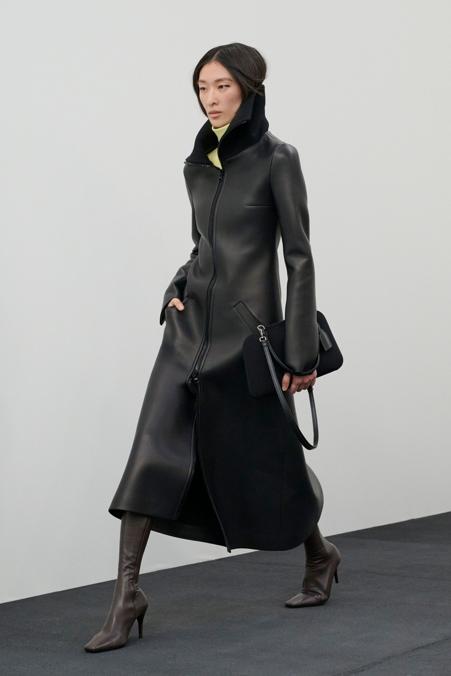black leather long-sleeve collared fitted zippered midi coat