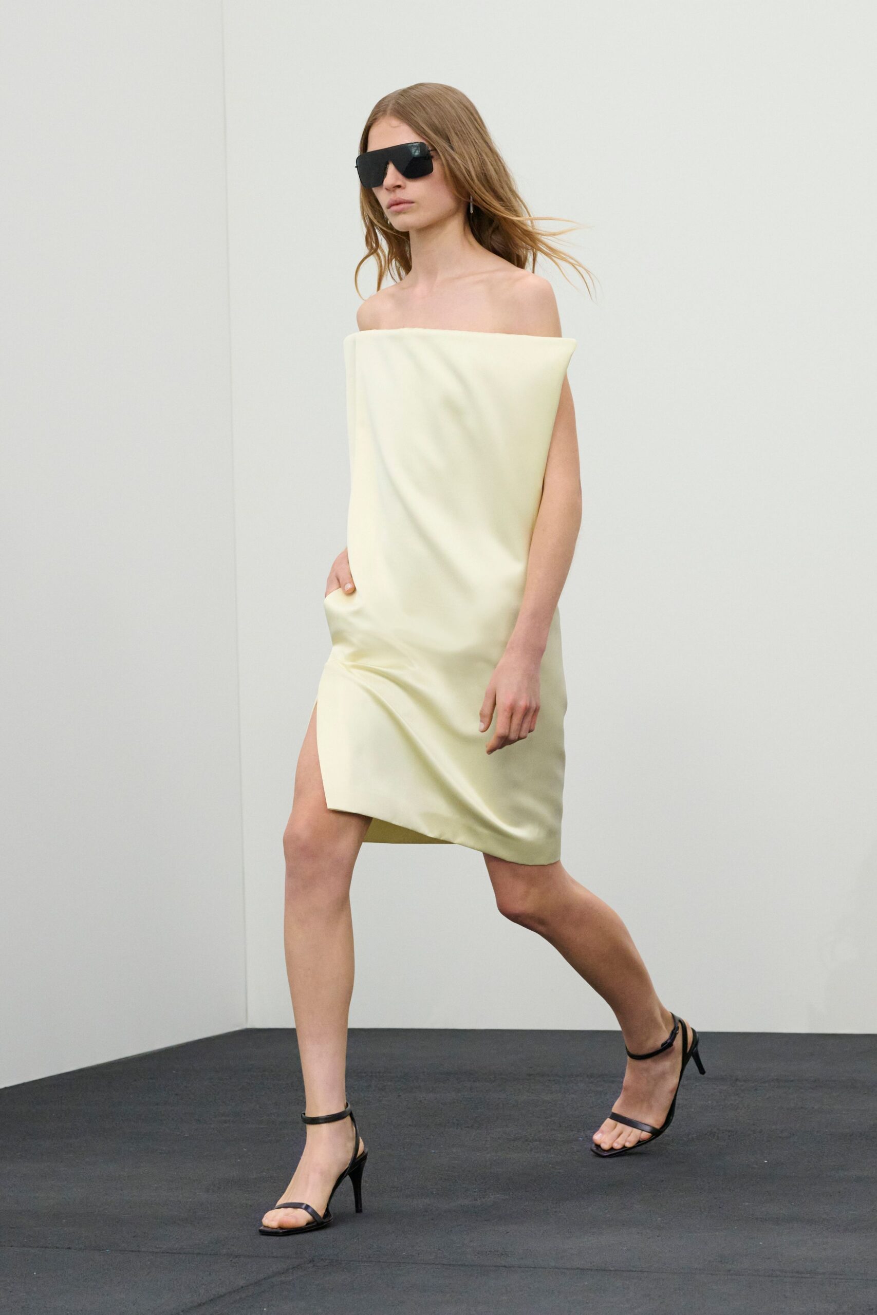 yellow silk sleeveless off-shoulder relaxed straight-leg midi dress