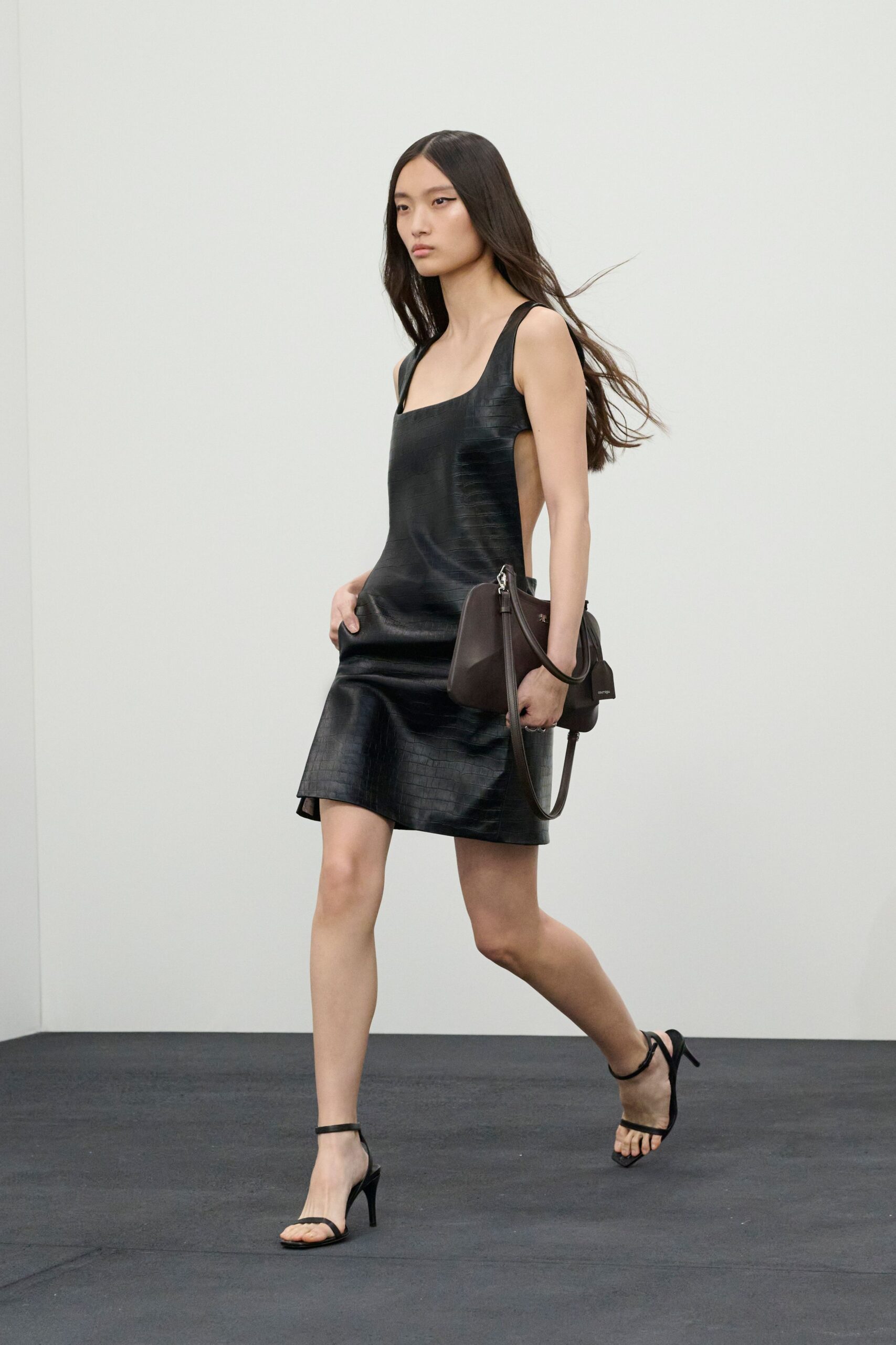 black leather sleeveless square-neck fitted mini dress