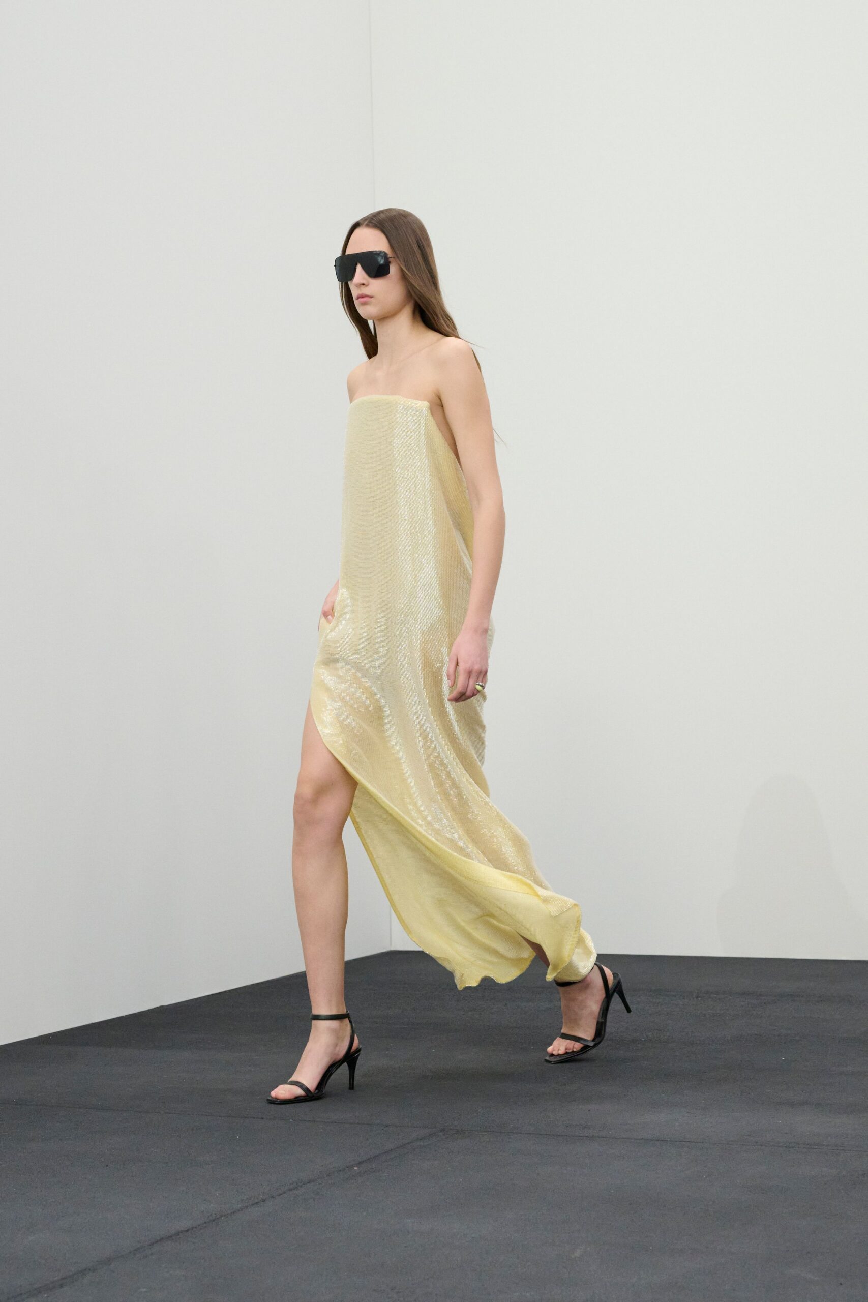 yellow silk strapless fitted draped shiny maxi gown