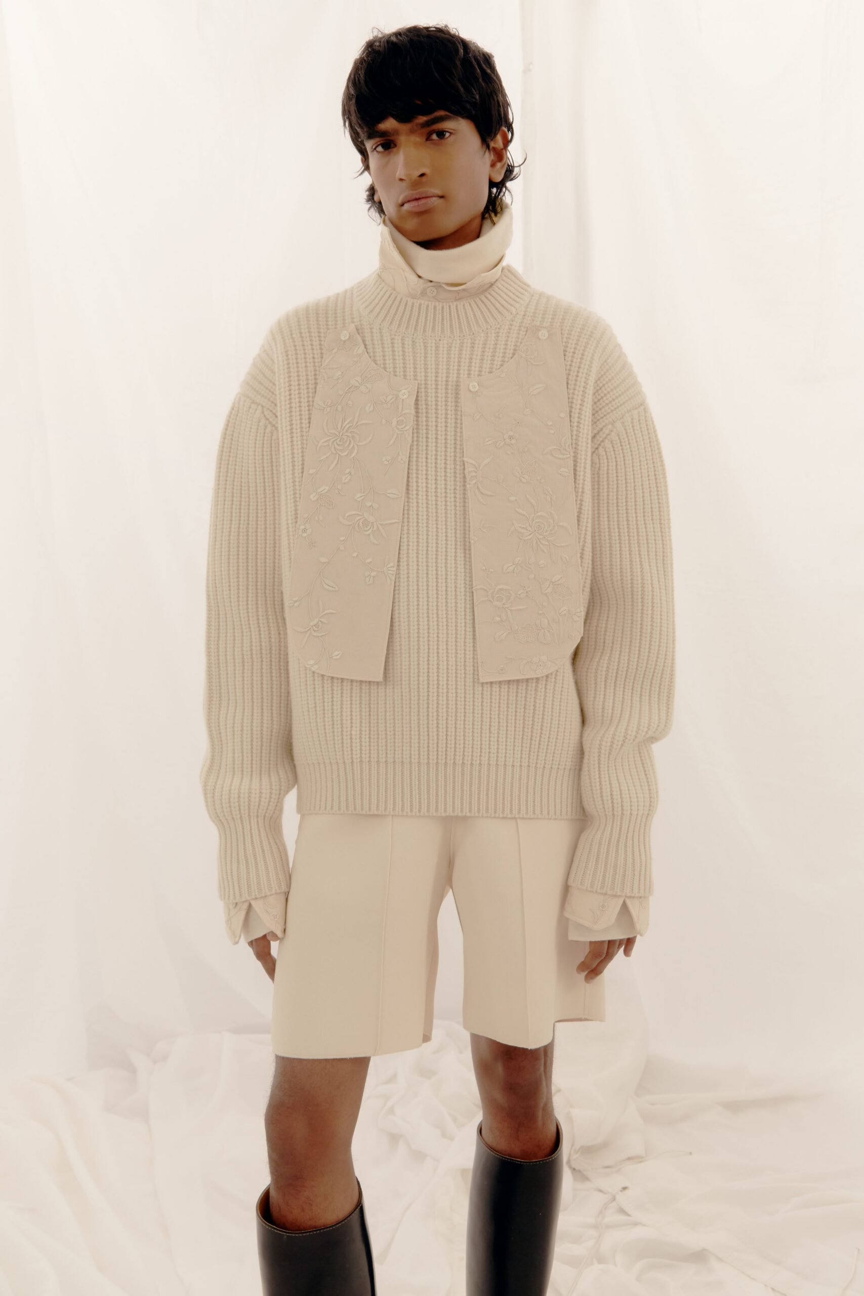 beige wool long-sleeve high-neck oversized embroidered sweater