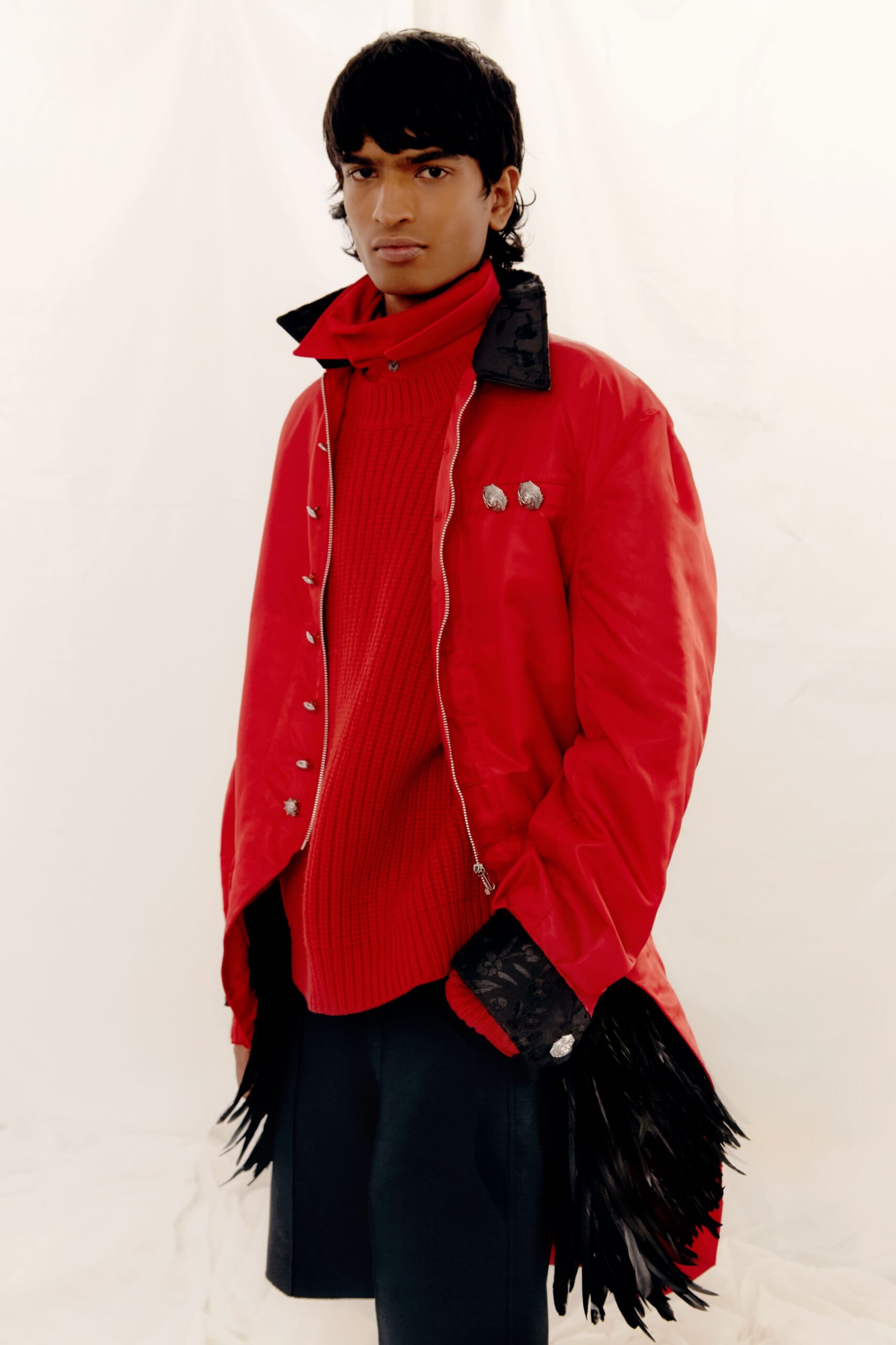 red cotton long-sleeve collared relaxed buttoned coat