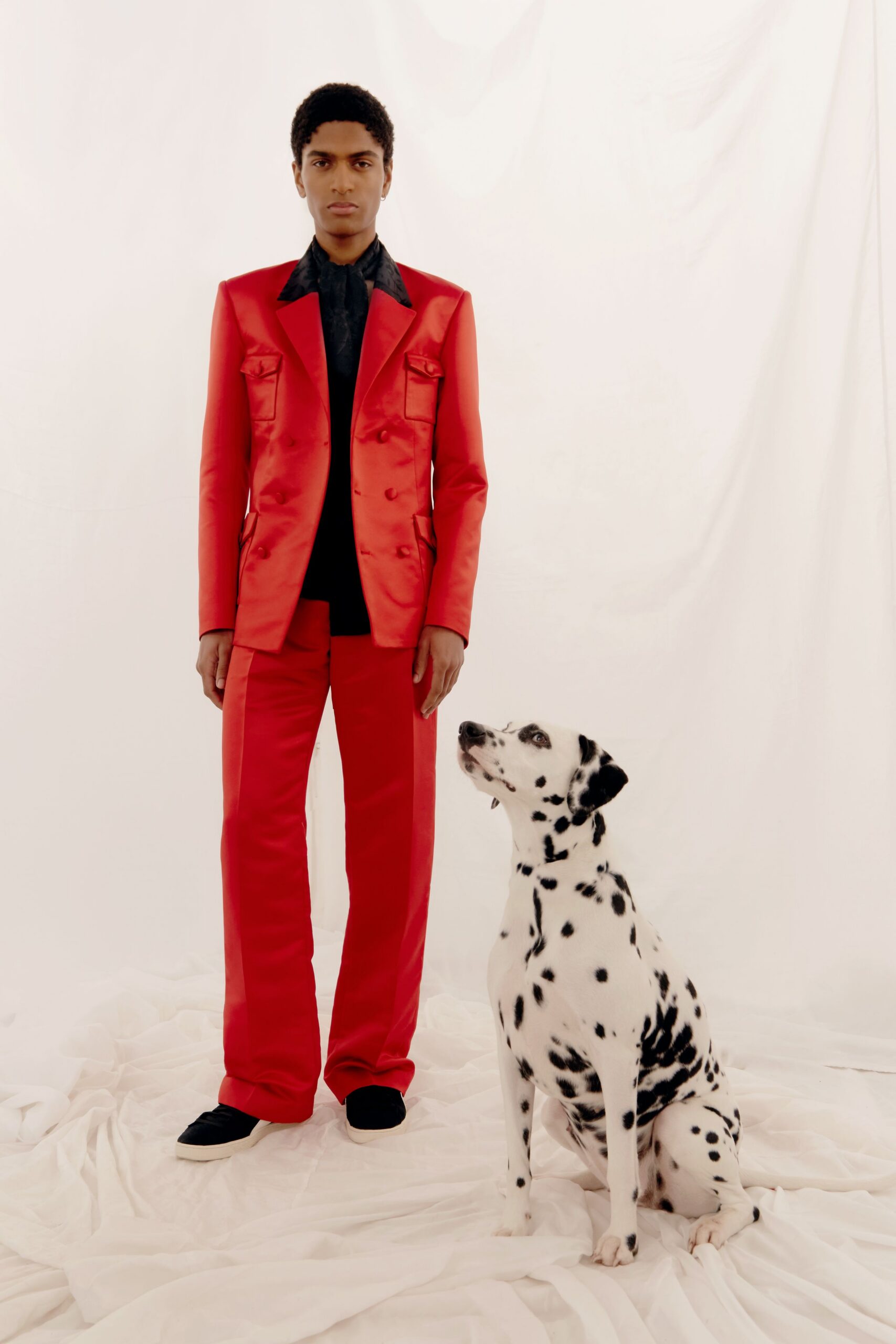 red silk long-sleeve collared tailored buttoned suit