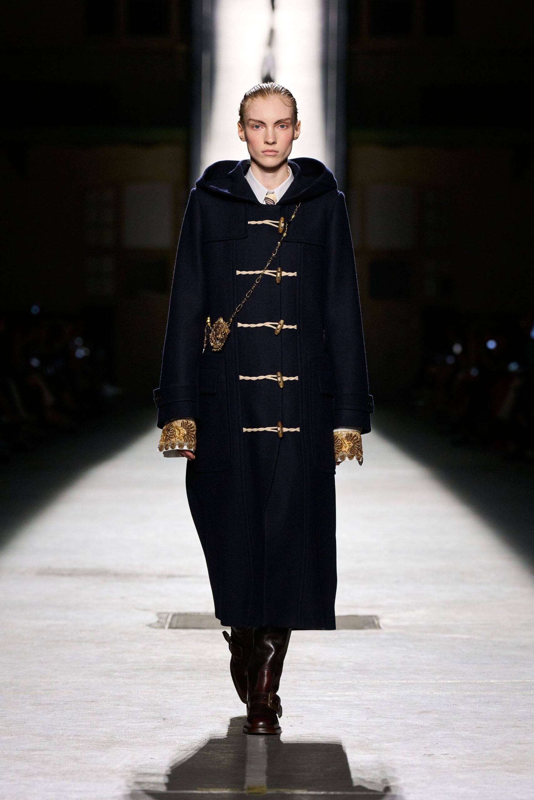 blue wool long-sleeve hooded relaxed buttoned maxi coat
