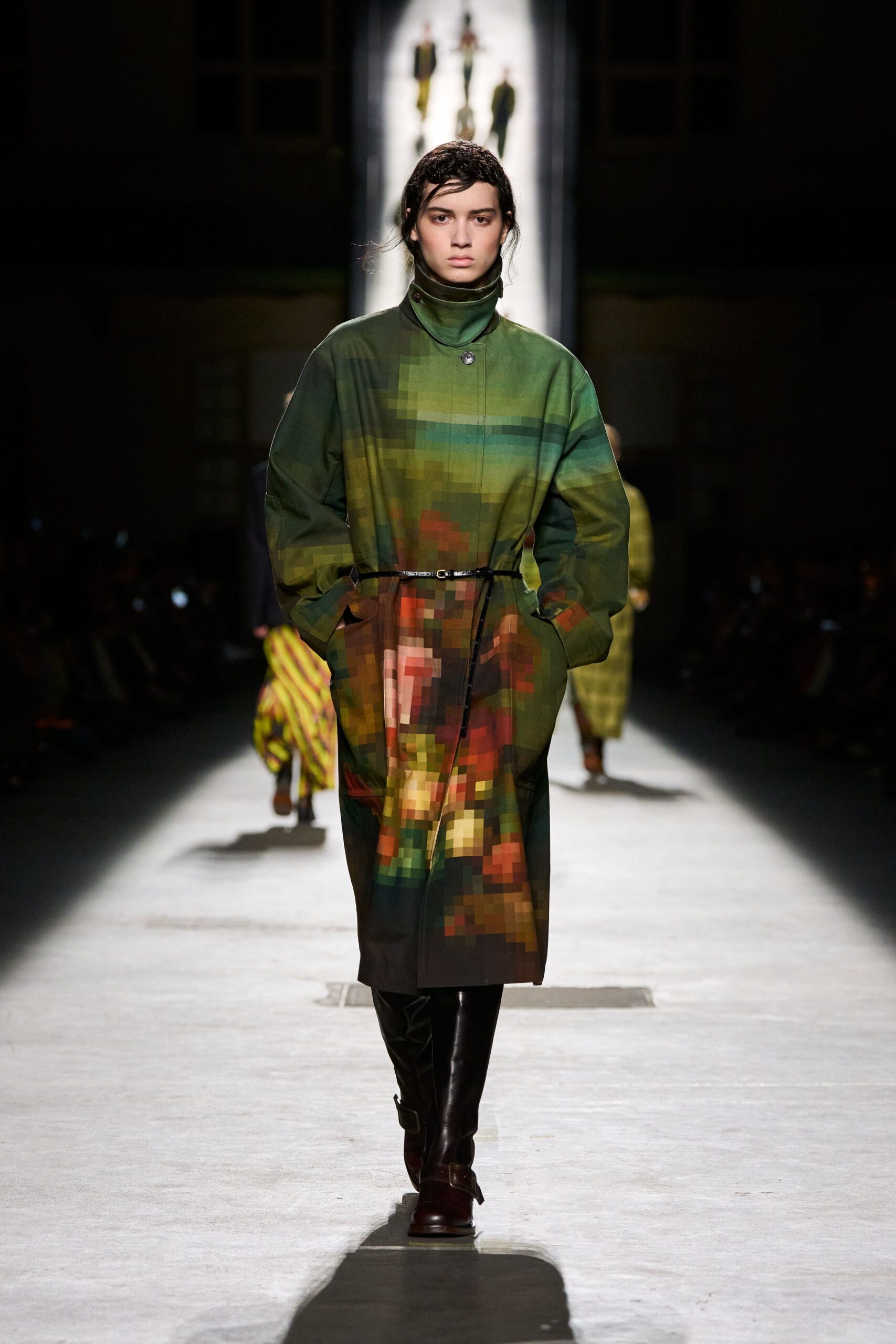 color-blocked green coat with leather pants
