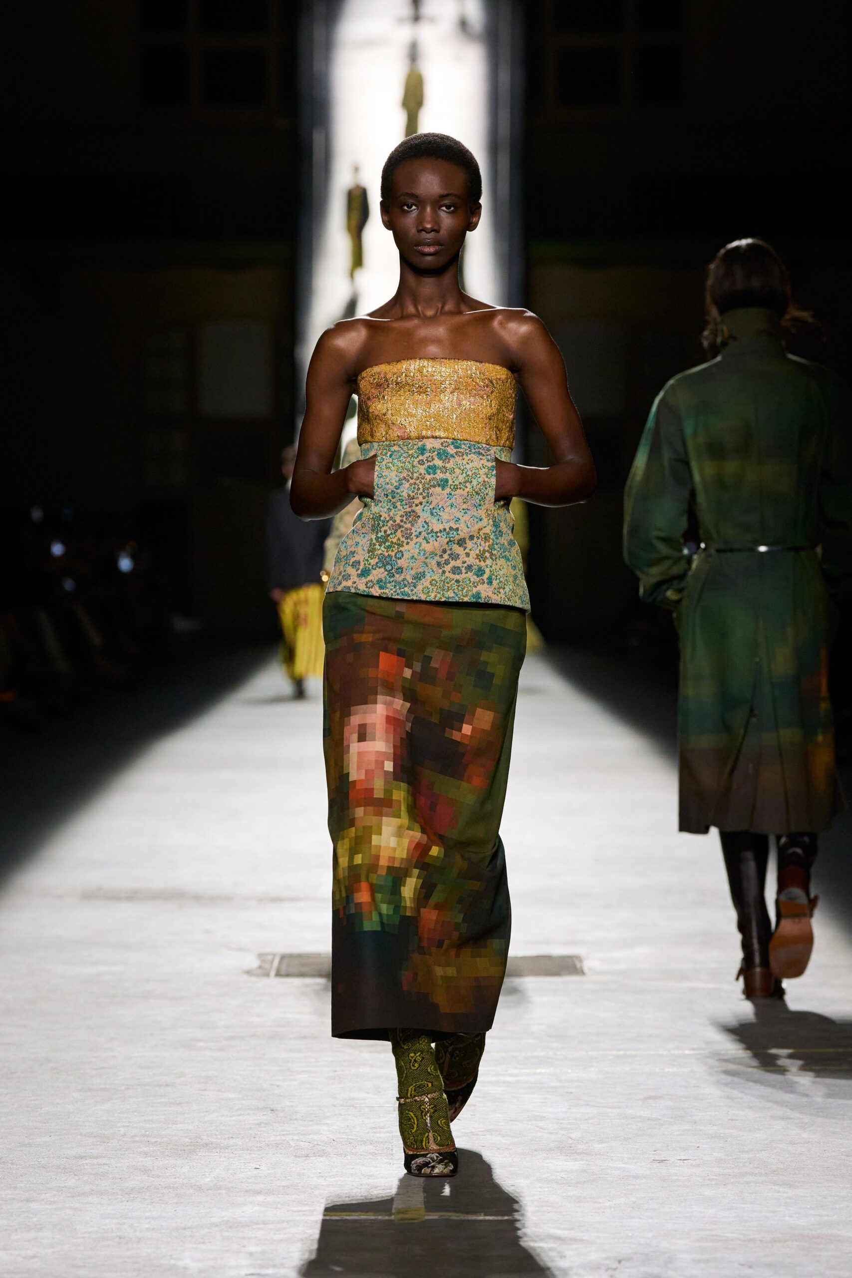 yellow silk strapless fitted embroidered layered maxi gown