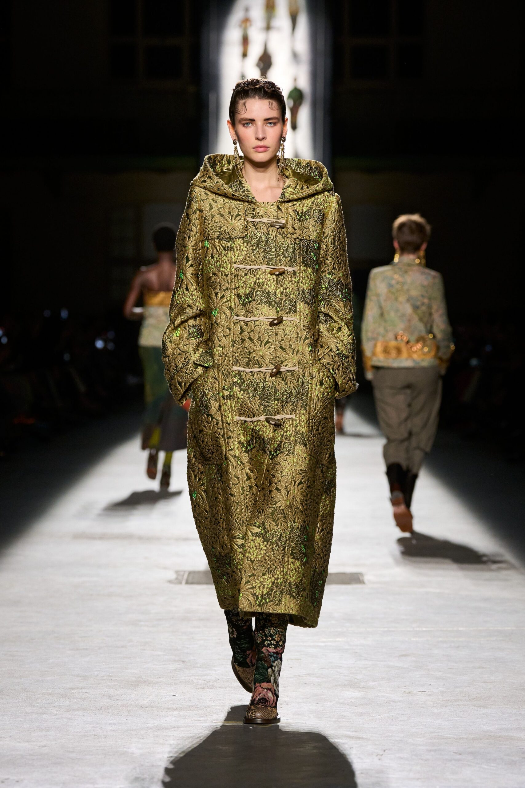 gold silk long-sleeve hooded relaxed embroidered buttoned coat