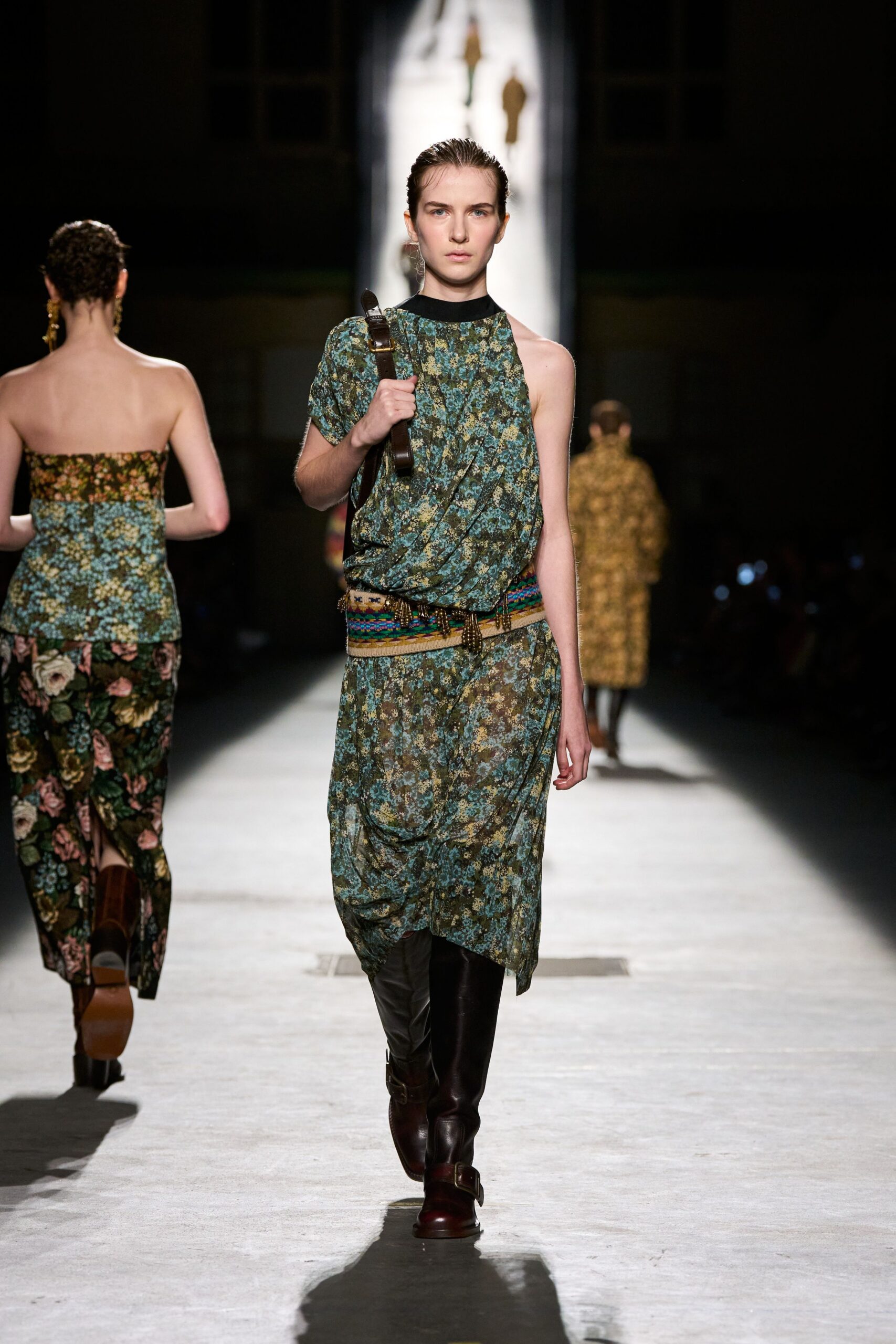 green silk sleeveless high-neck fitted floral draped dress