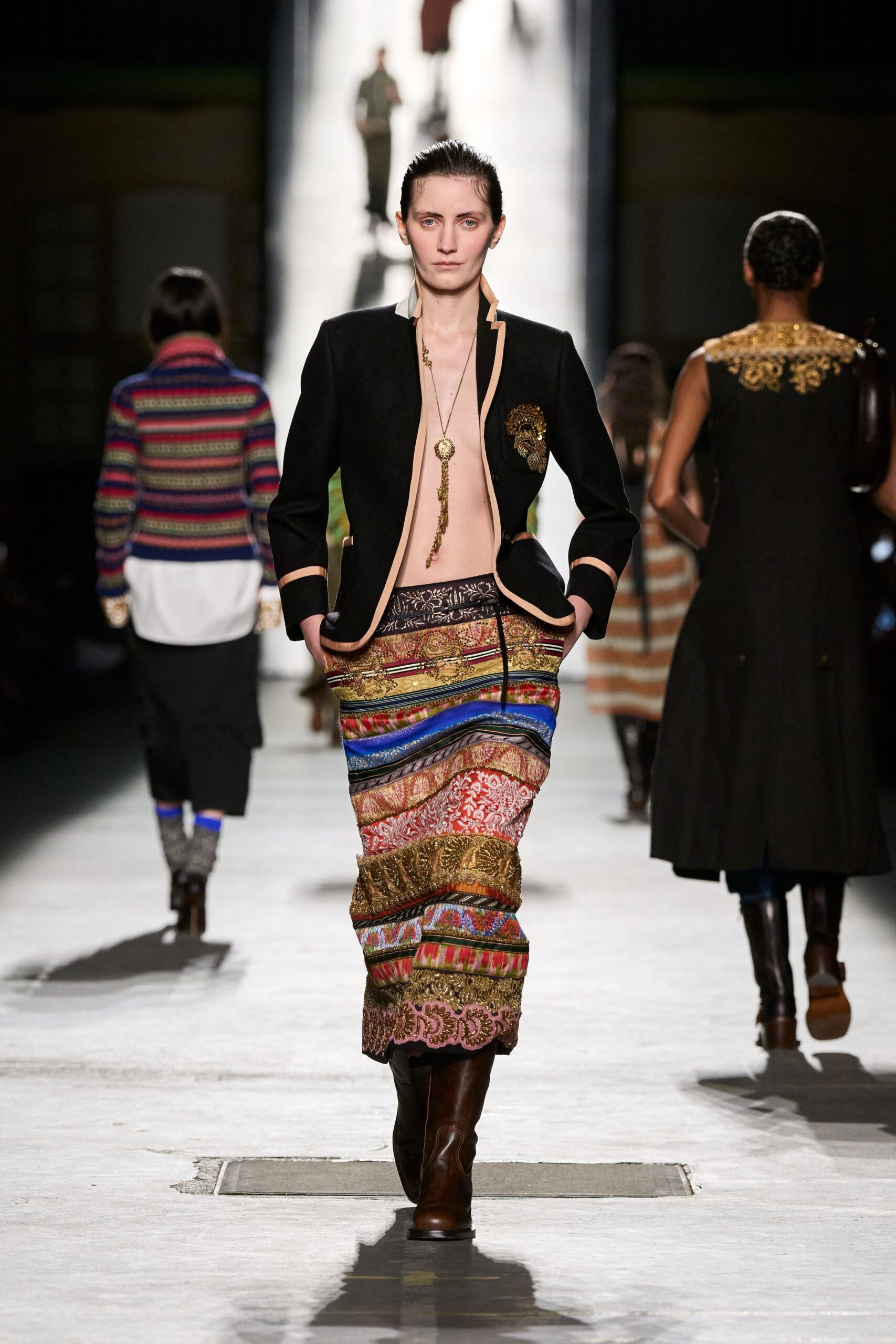 black tailored blazer multi-tiered skirt
