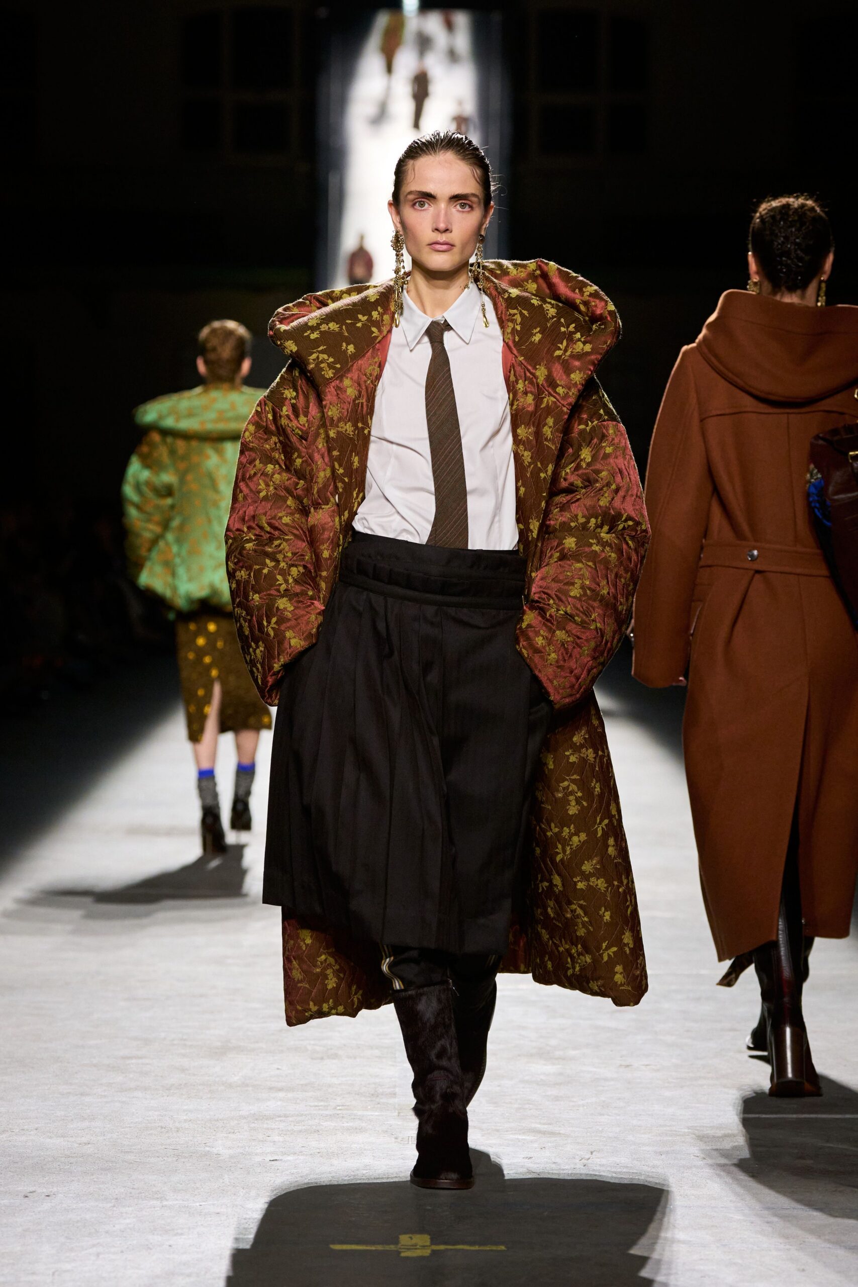 brown cotton long-sleeve oversized floral layered coat