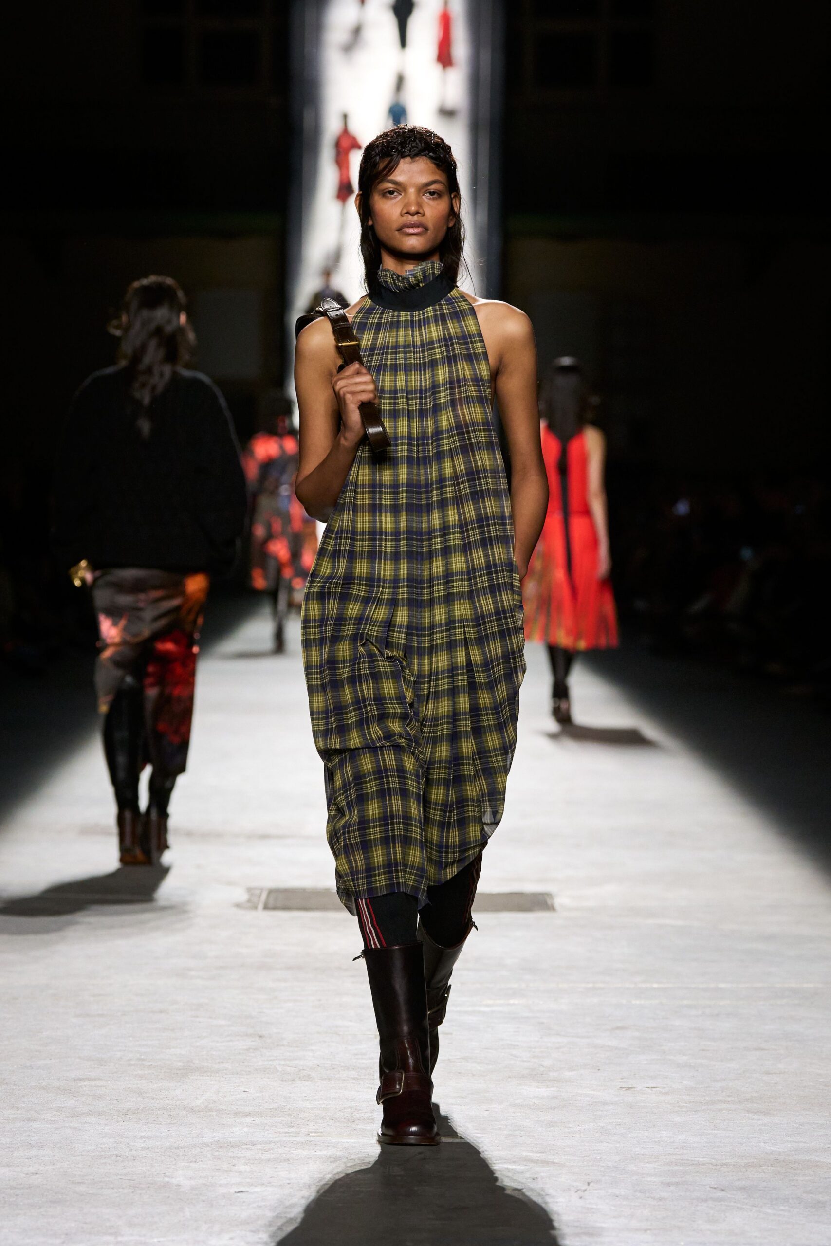green cotton sleeveless high-neck relaxed checked midi dress