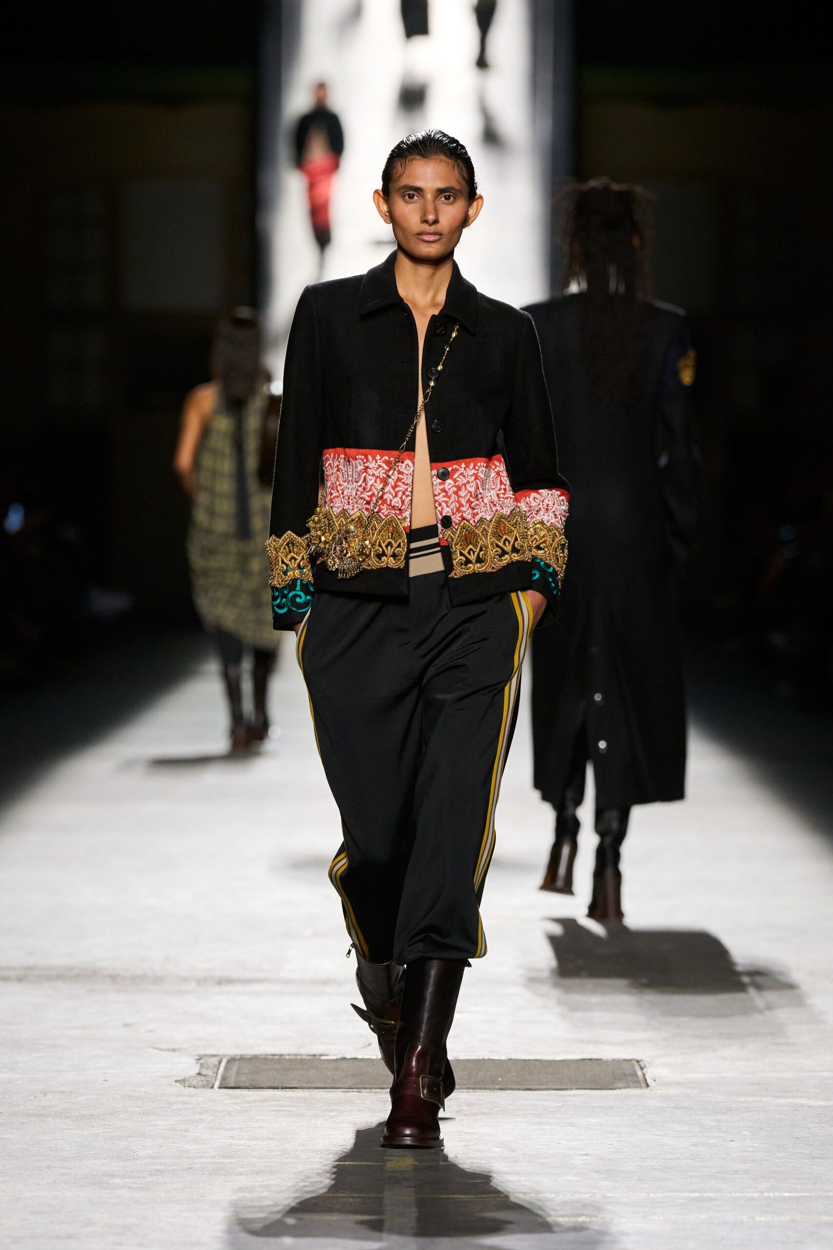 black embroidered jacket with relaxed pants
