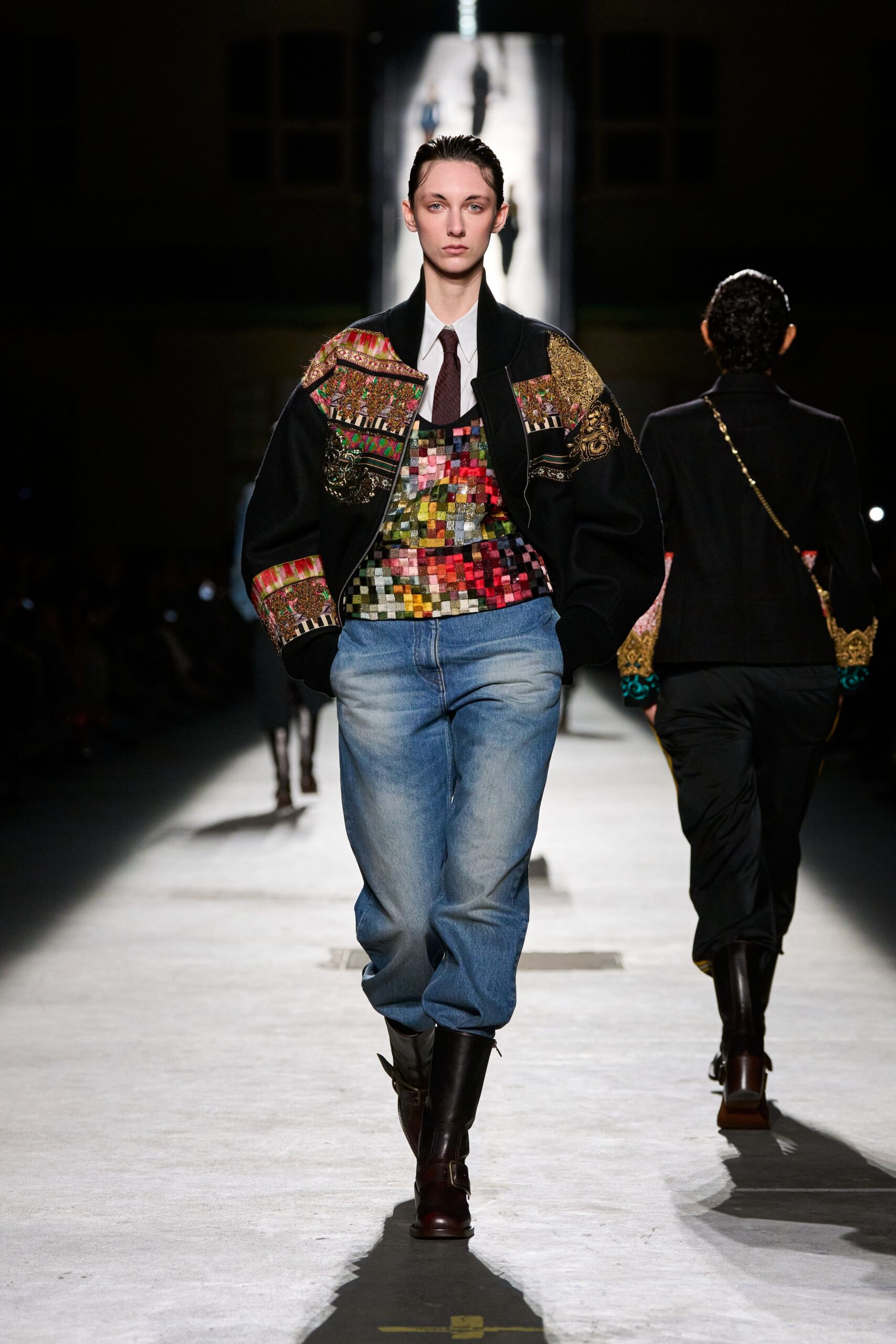 embroidered black jacket with denim pants