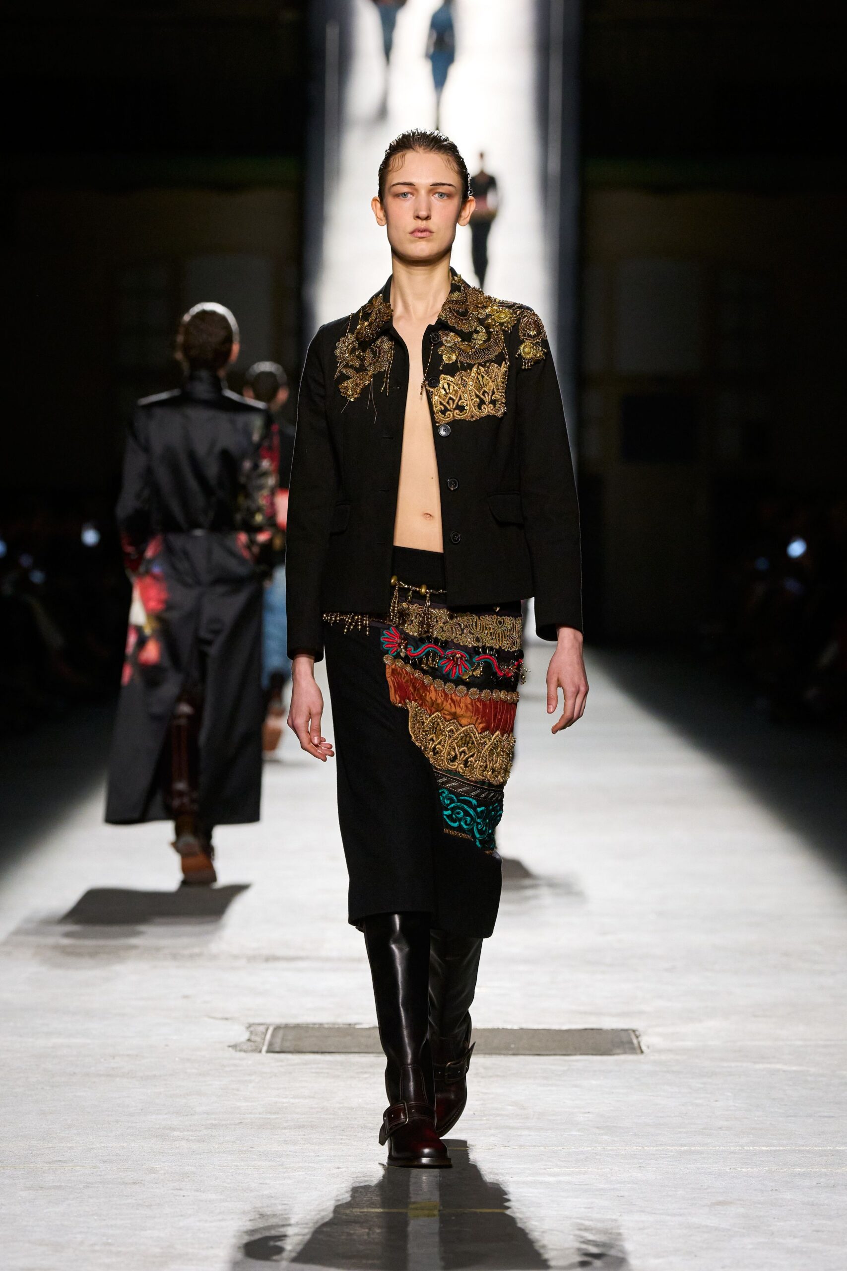 black embroidered jacket multi skirt