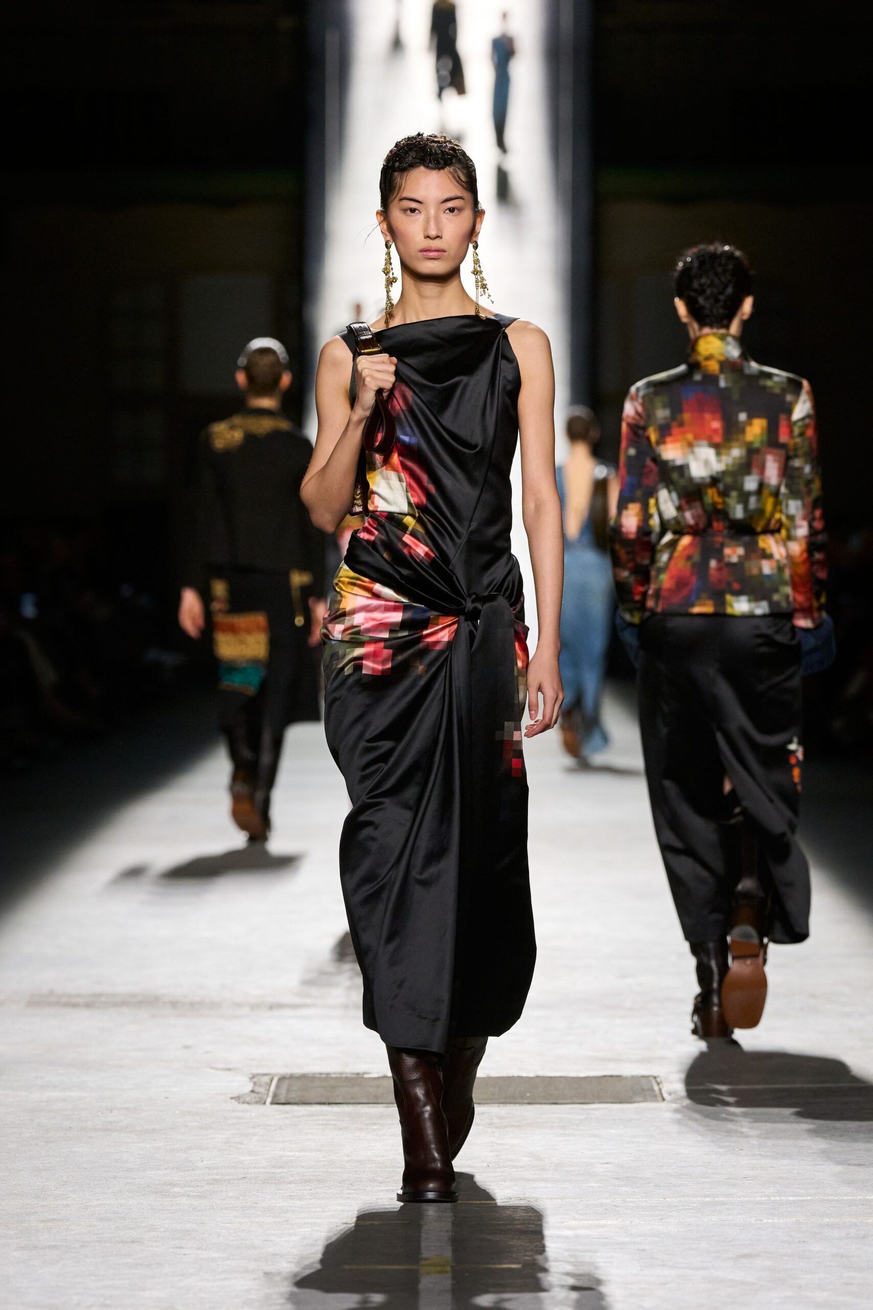 black silk printed midi dress with boots