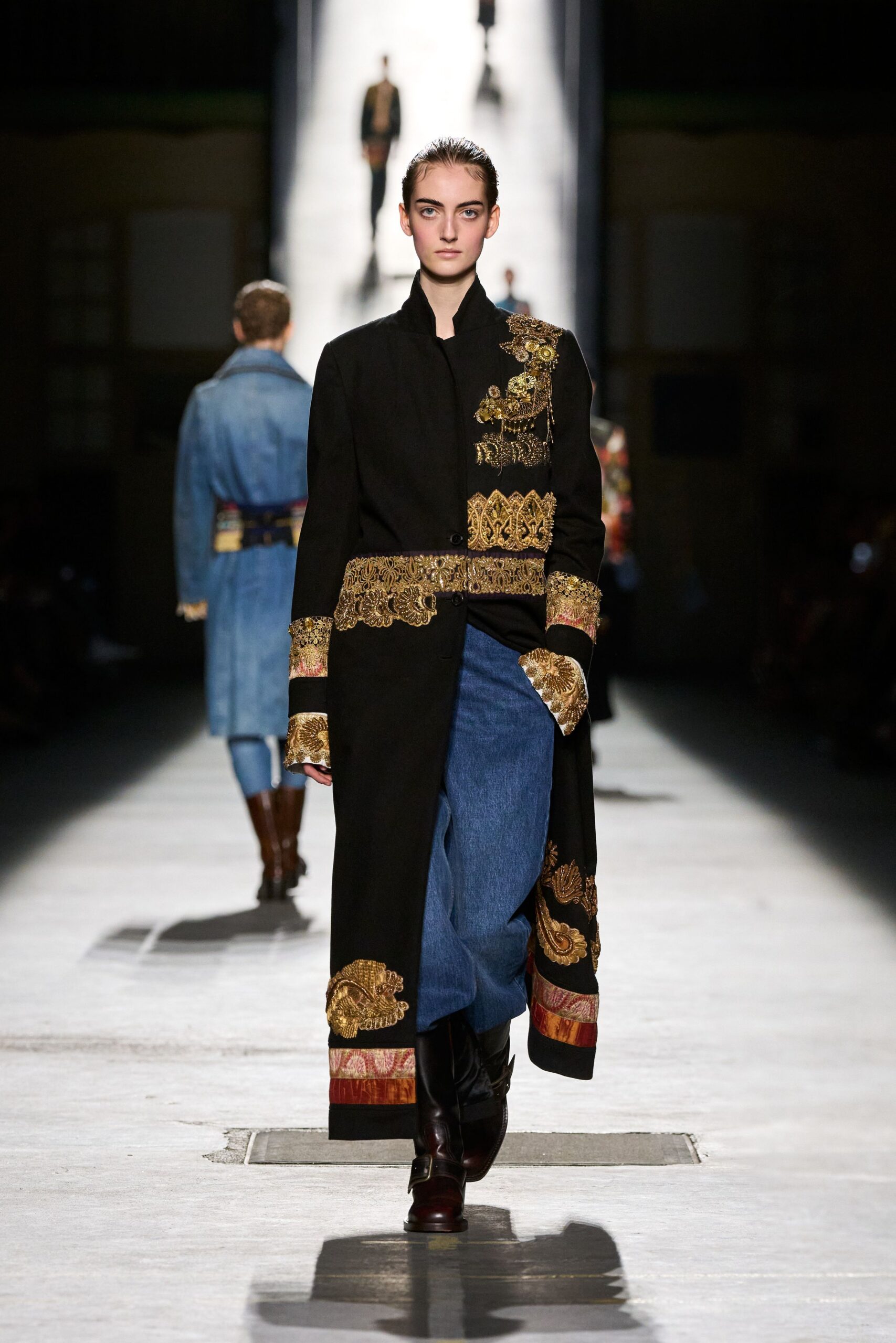 black embroidered coat with denim pants