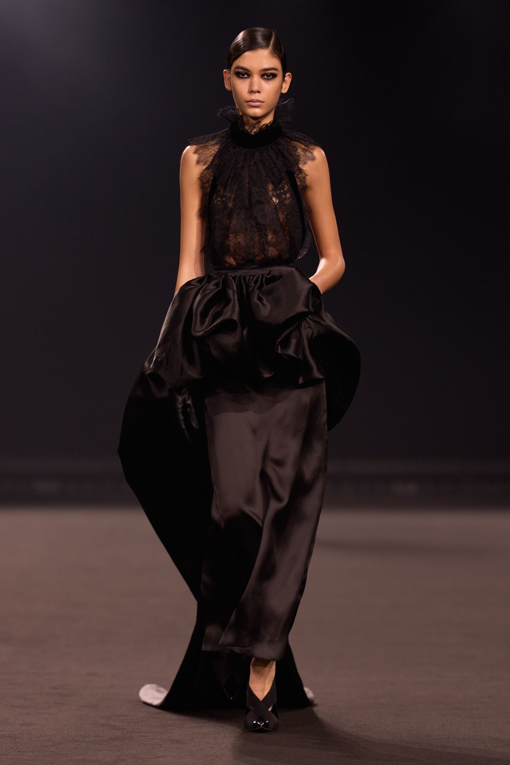 black silk gown with sheer details