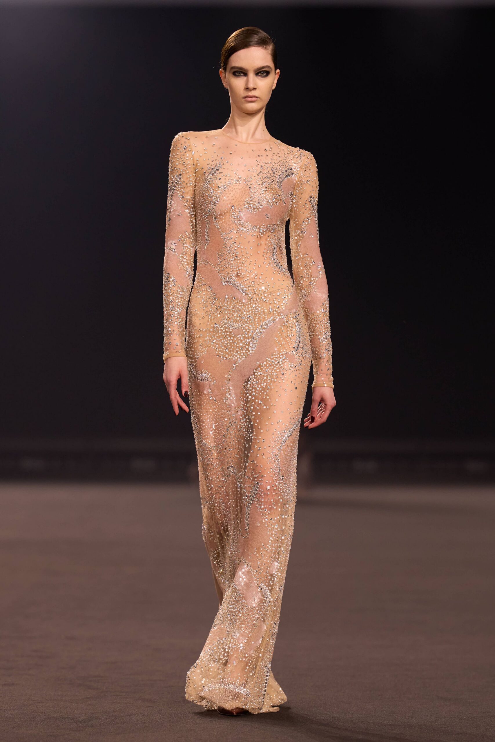 beige embellished long-sleeve gown