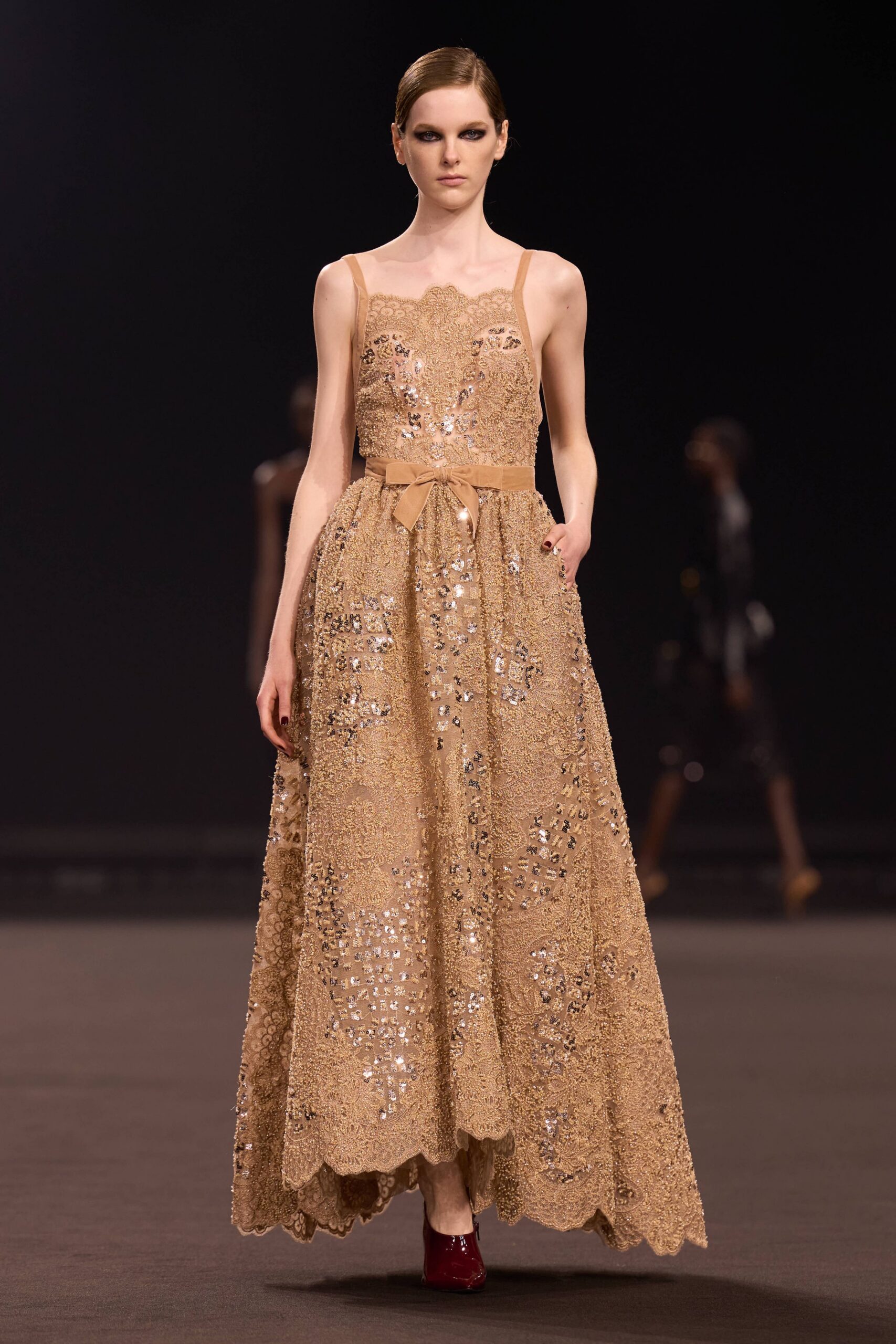 beige lace sleeveless v-neck fitted embroidered beaded gown