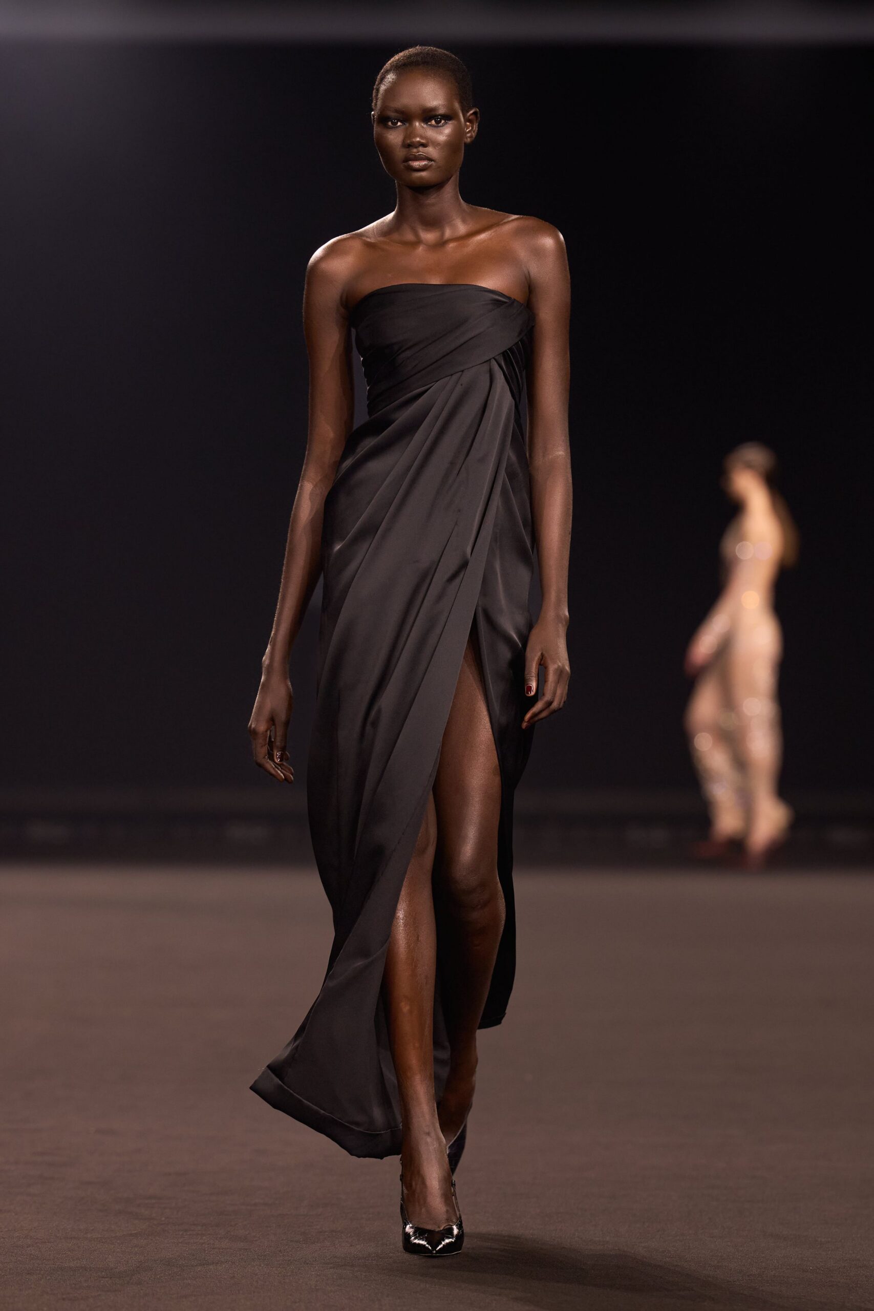 black silk strapless gown