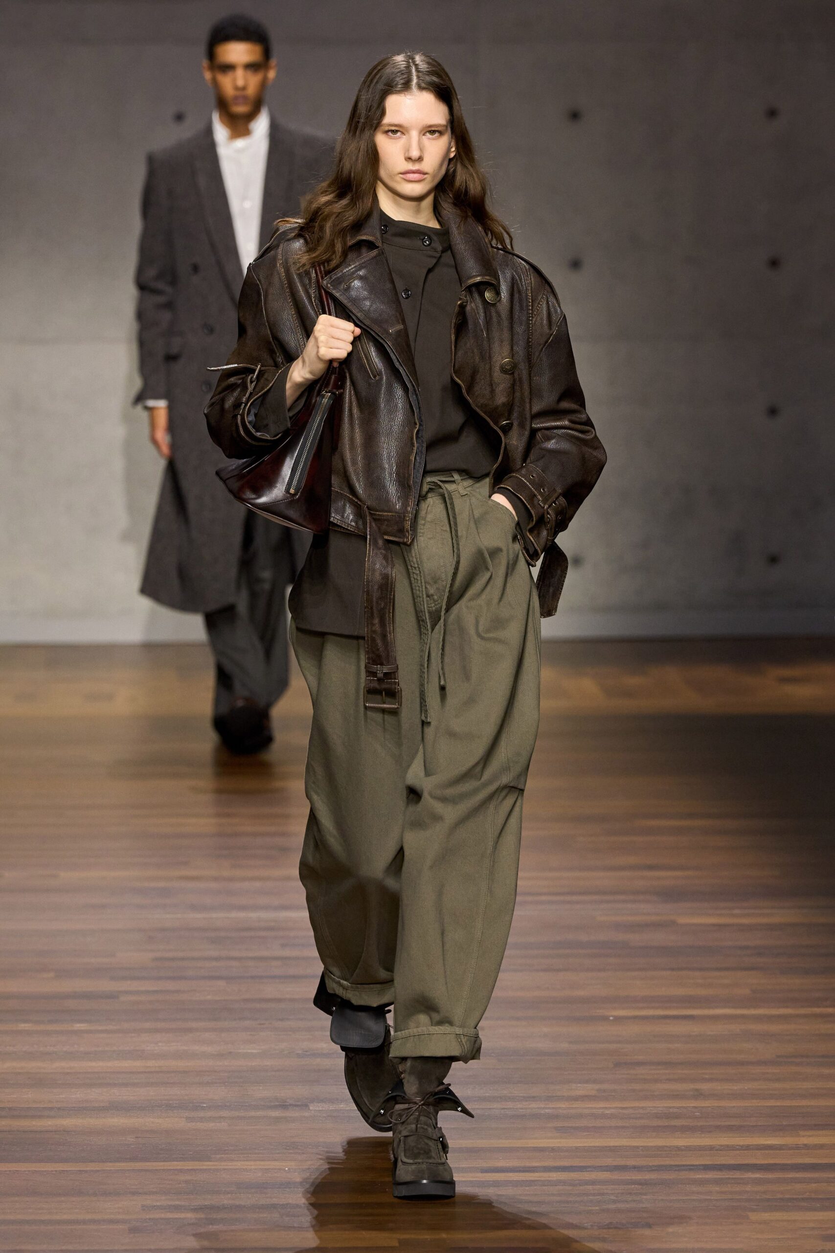 brown leather jacket with black shirt