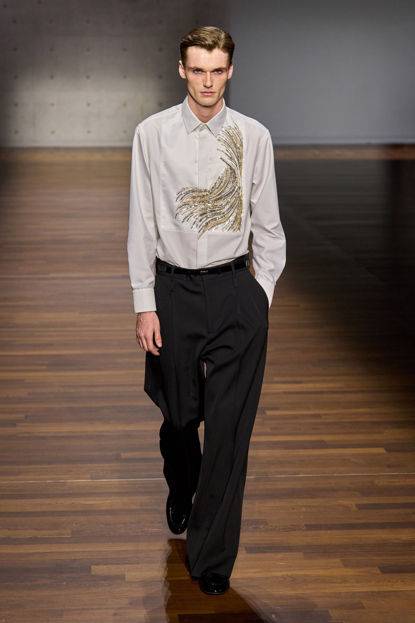 white cotton long-sleeve collared relaxed embroidered shirt