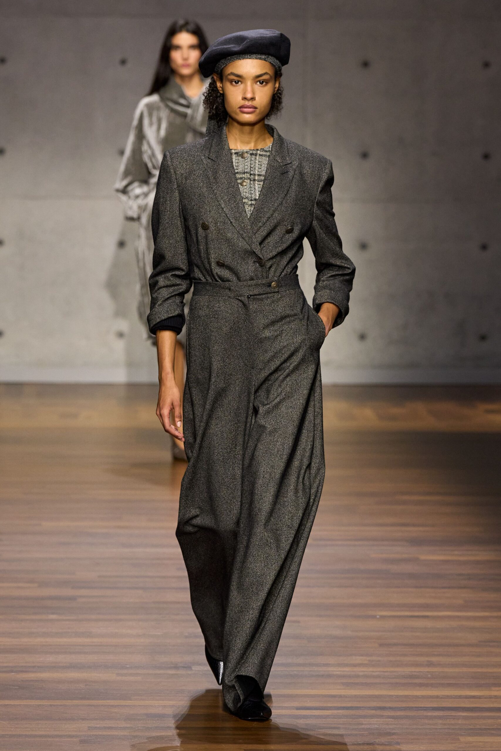 gray wool long-sleeve collared fitted wide-leg belted jumpsuit