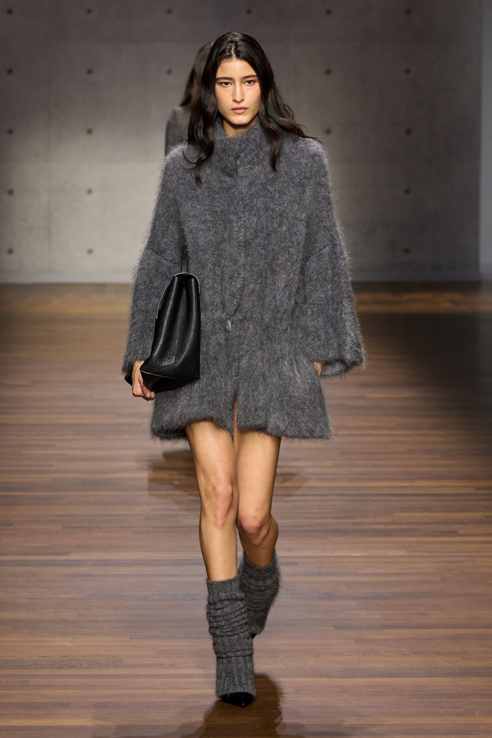gray wool long-sleeve high-neck relaxed layered textured dress