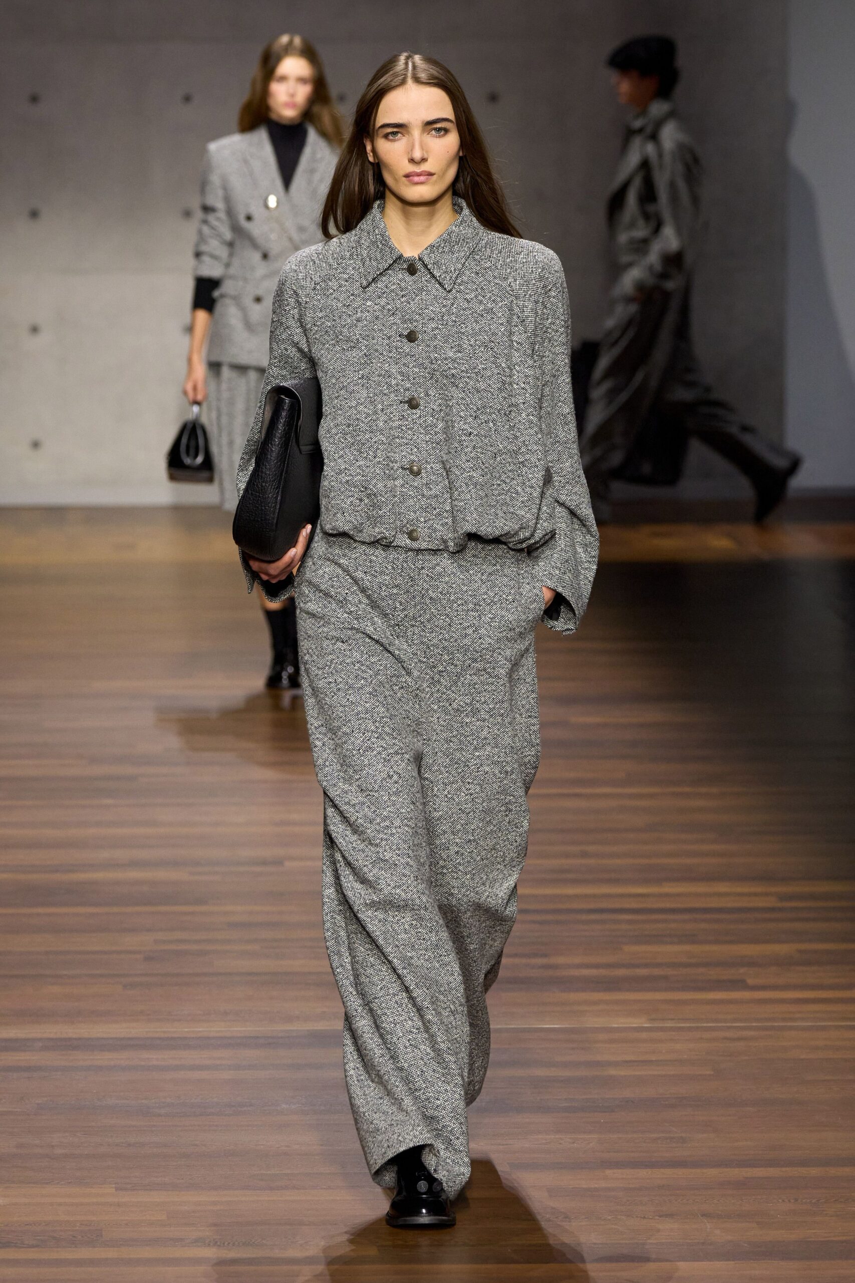 gray wool long-sleeve collared relaxed buttoned wide-leg jumpsuit