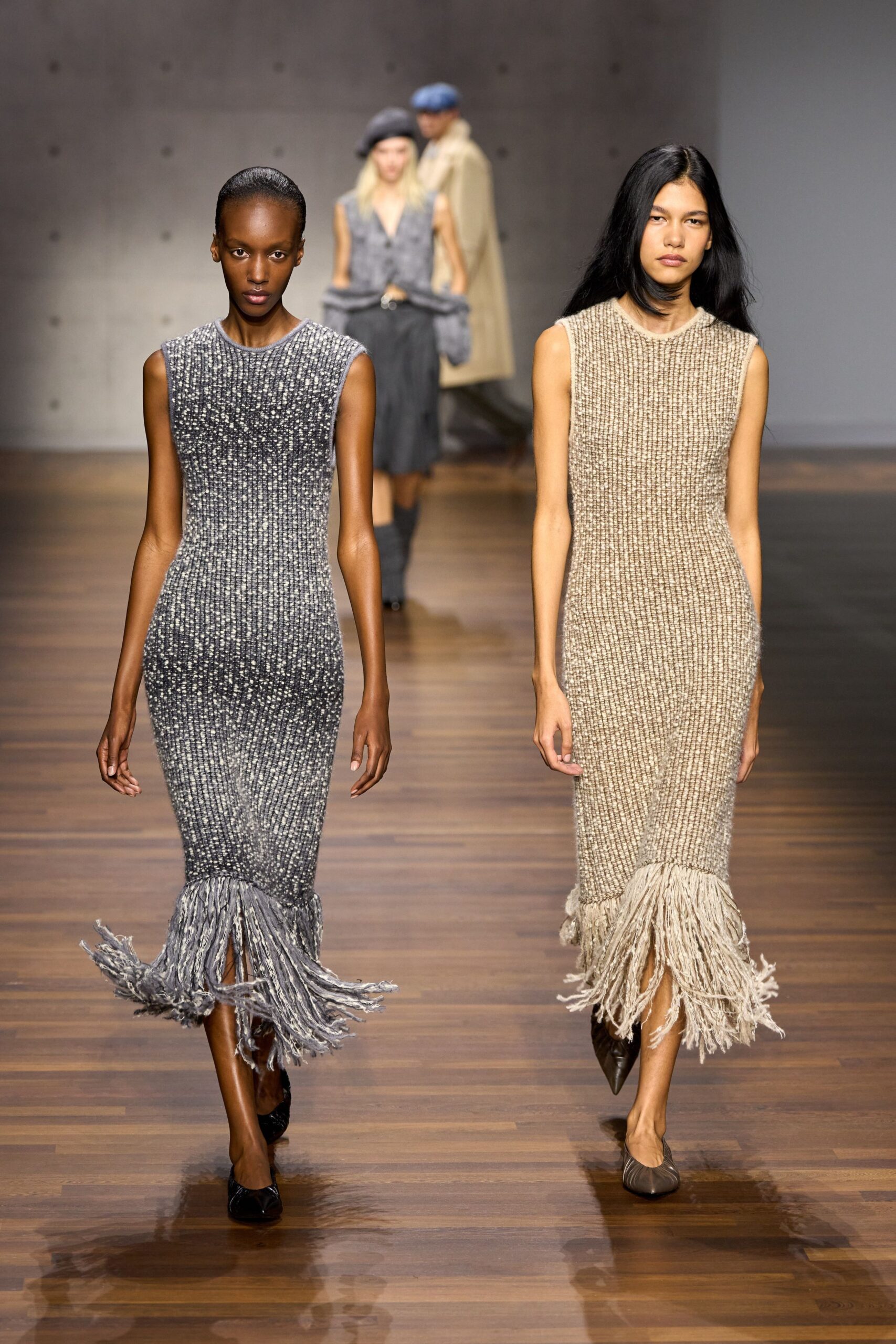 beige knit sleeveless v-neck fitted fringed midi dress