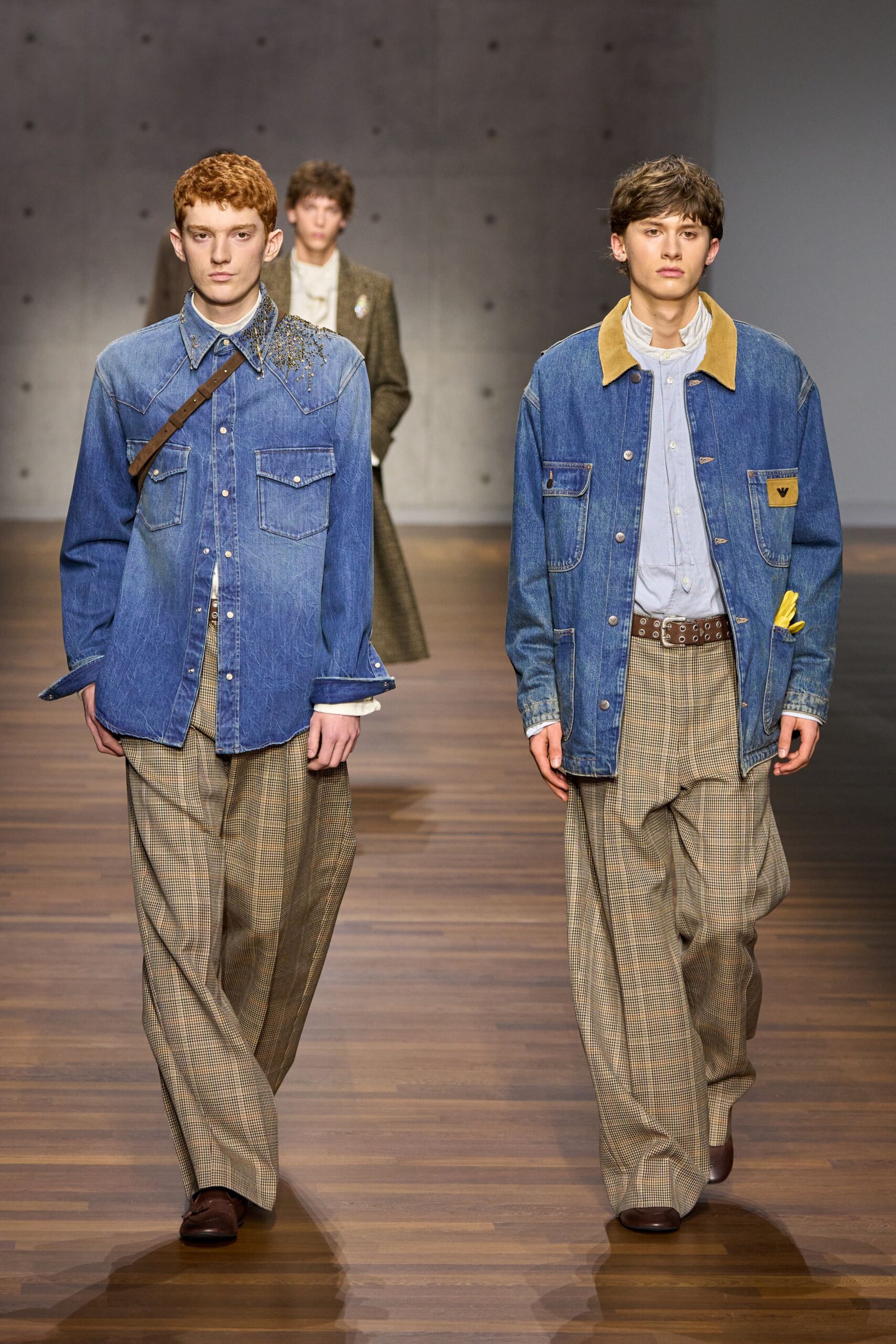 blue denim shirt and jacket with brown pants