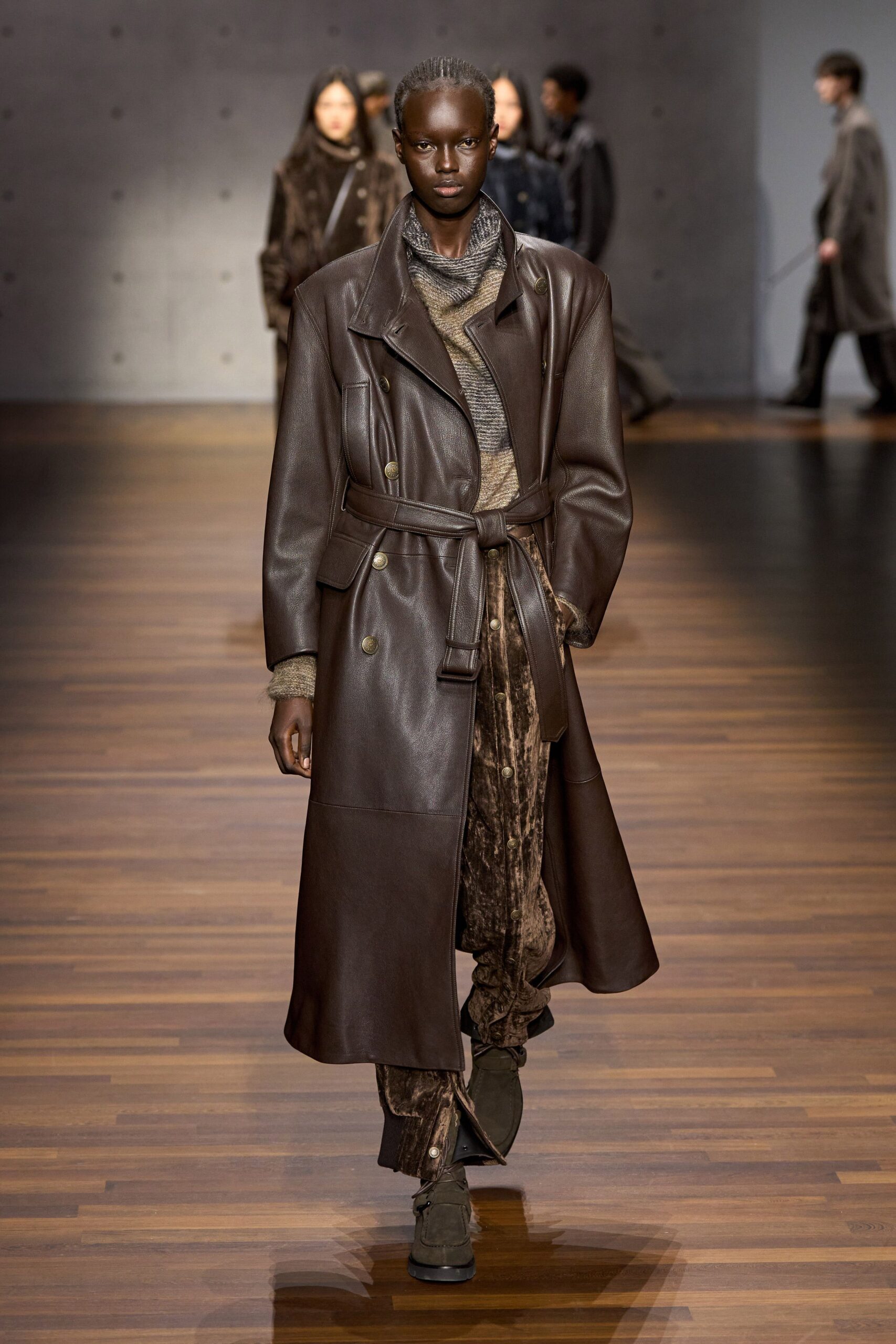 brown leather long-sleeve collared relaxed belted midi coat