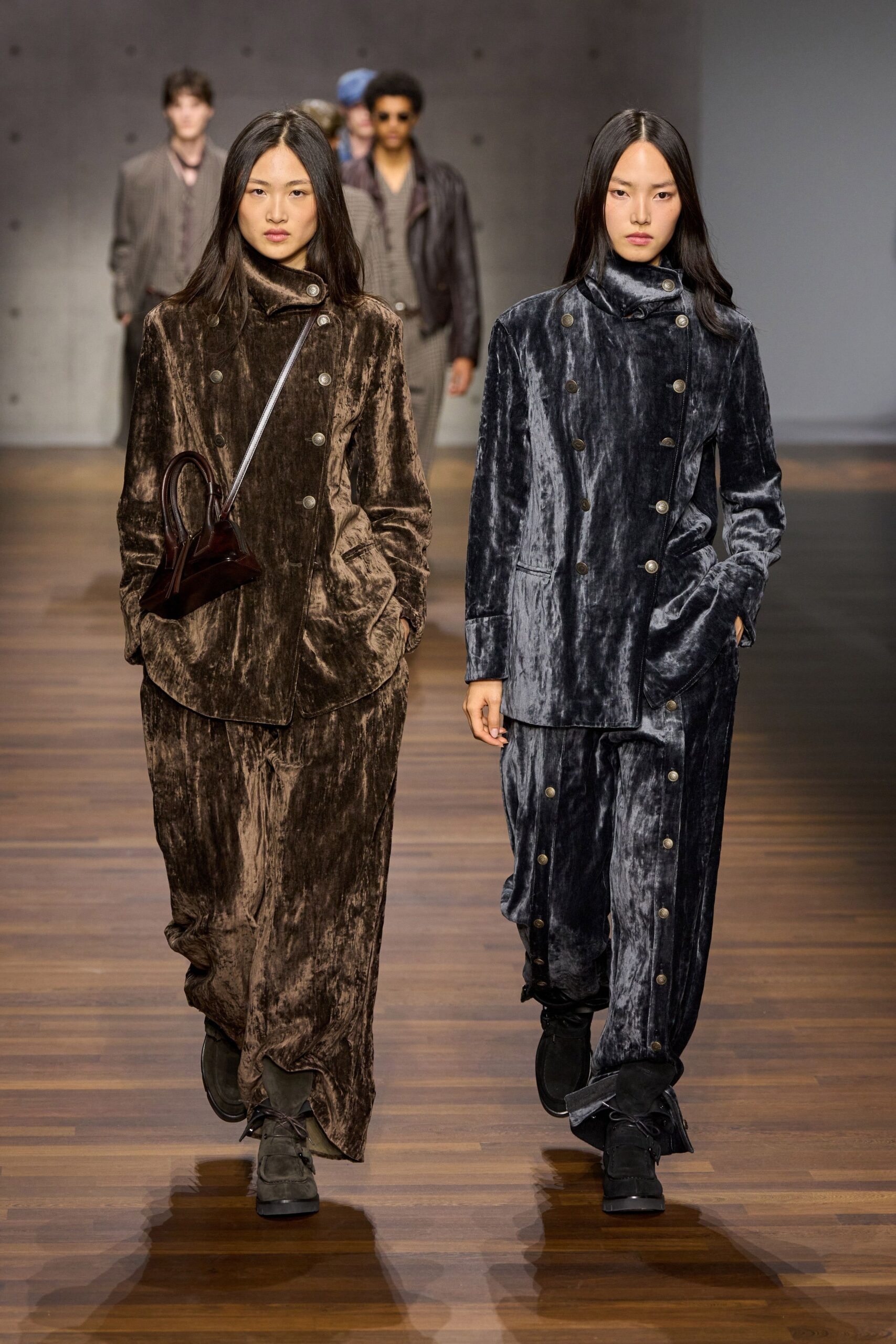 brown velvet long-sleeve collared relaxed buttoned maxi coat