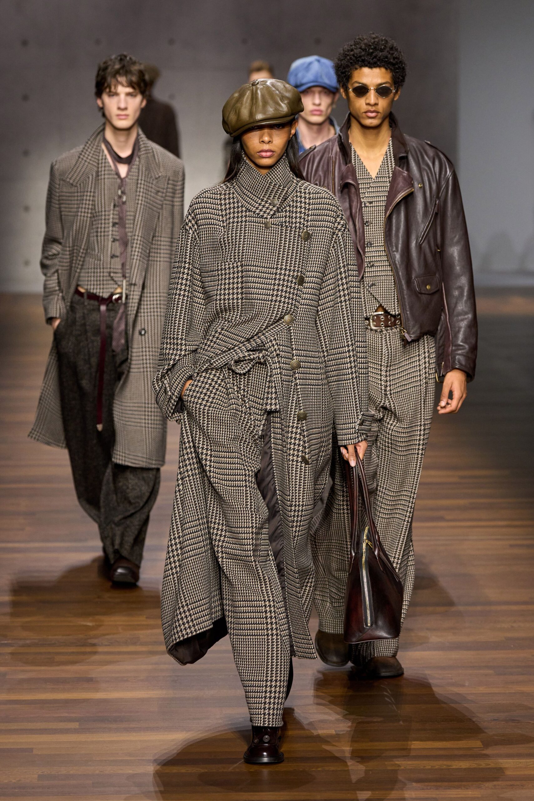 brown wool long-sleeve collared relaxed buttoned belted coat