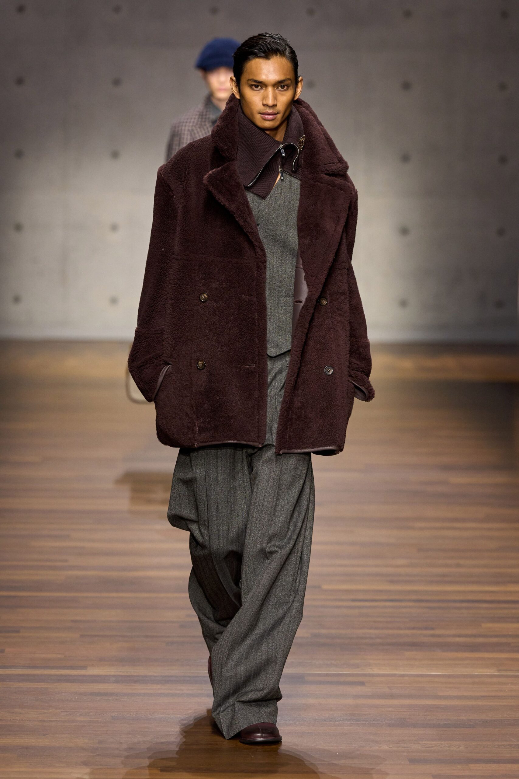 brown wool coat gray suit