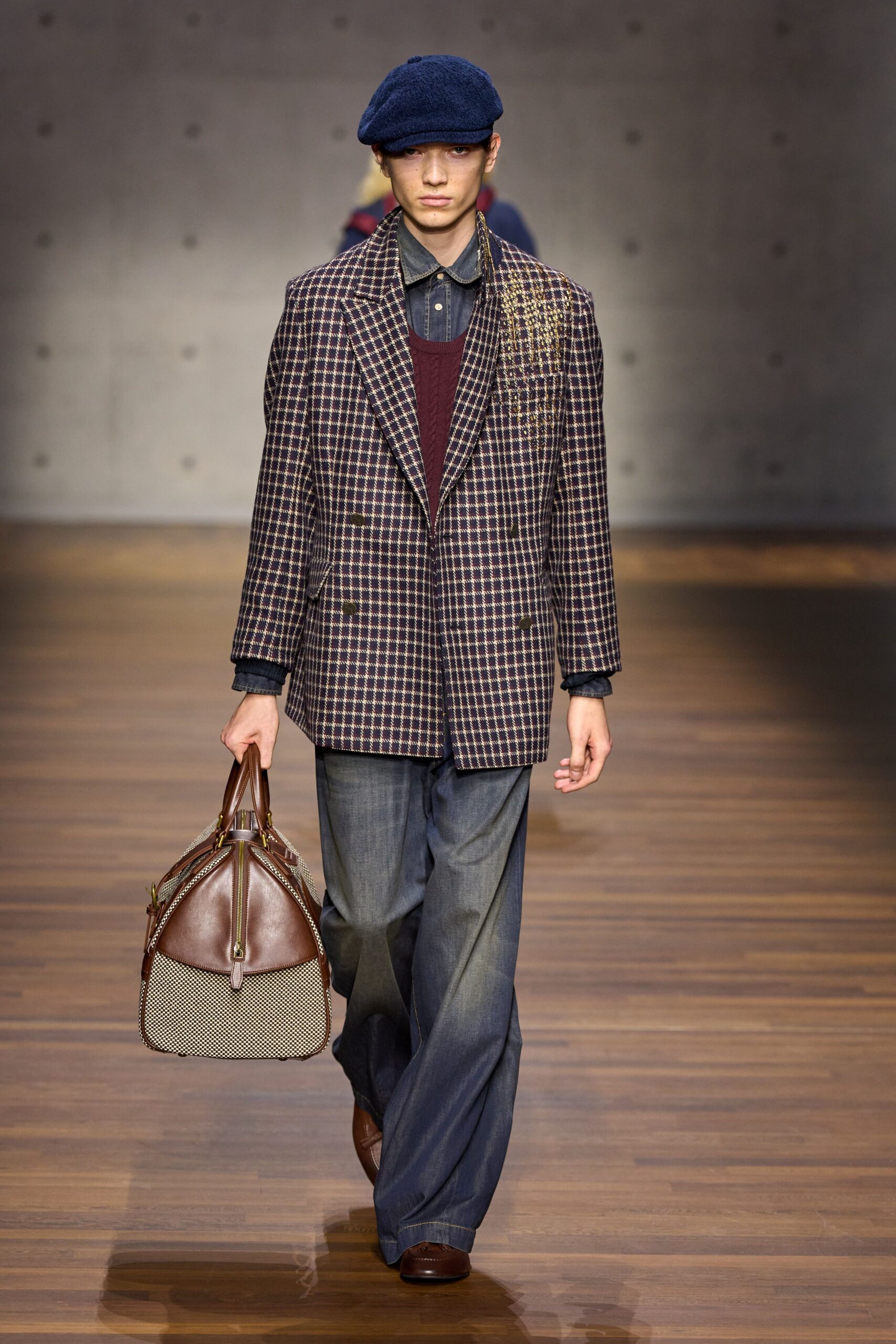 checked blazer with denim pants