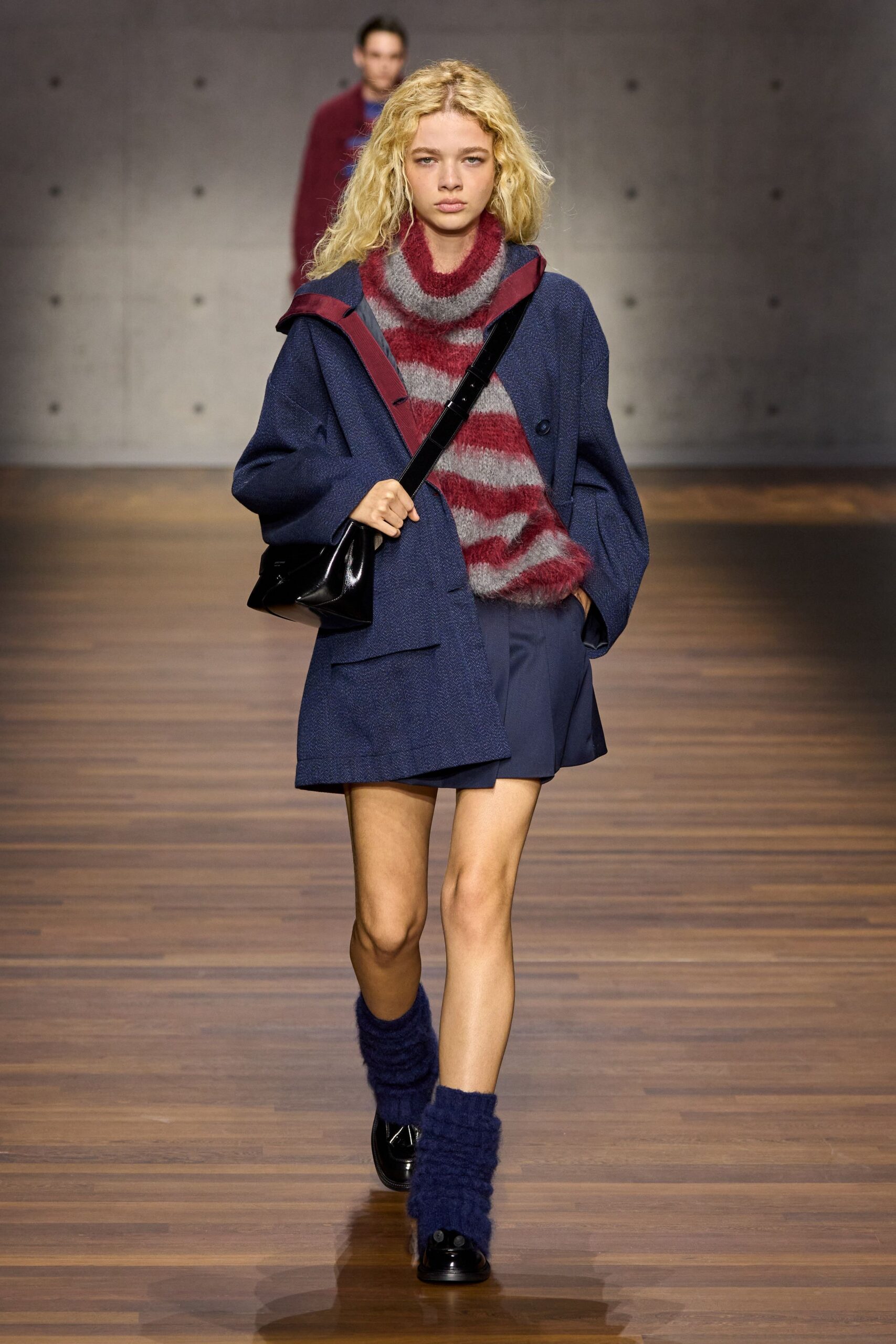 blue wool long-sleeve collared oversized coat